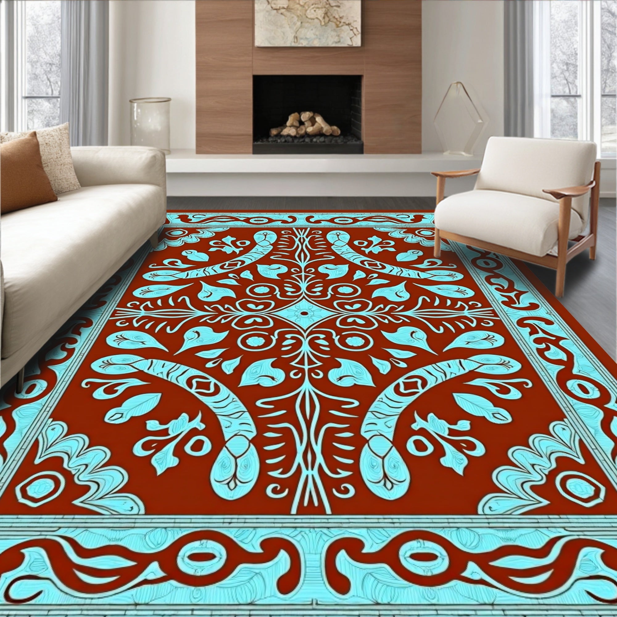 Crimson Cyan Ornate Scrollwork Rug