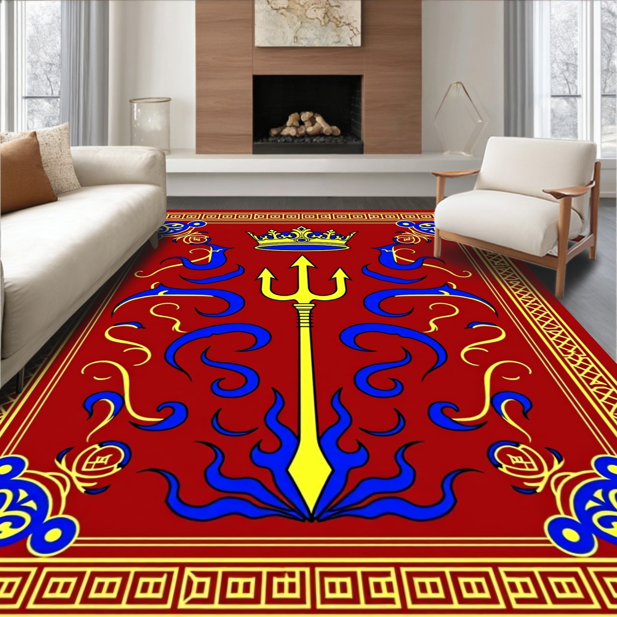 Royal Red Trident Crown Border Rug
