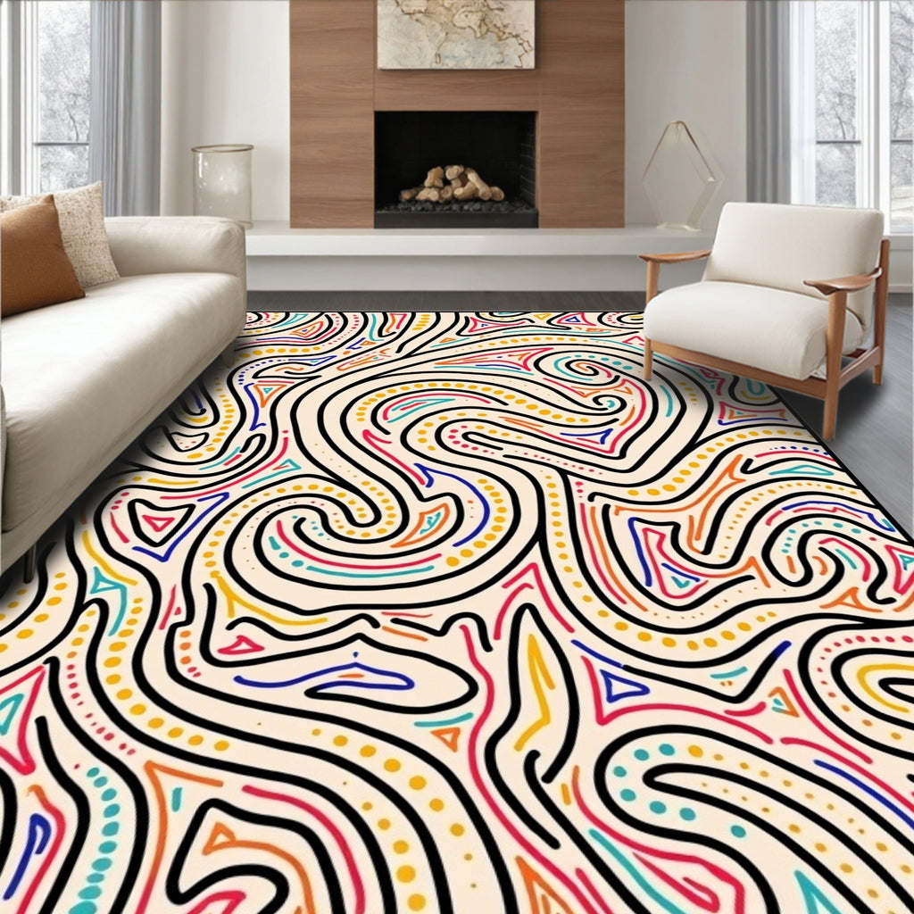 Vibrant Abstract Swirl Red Blue Yellow Rug