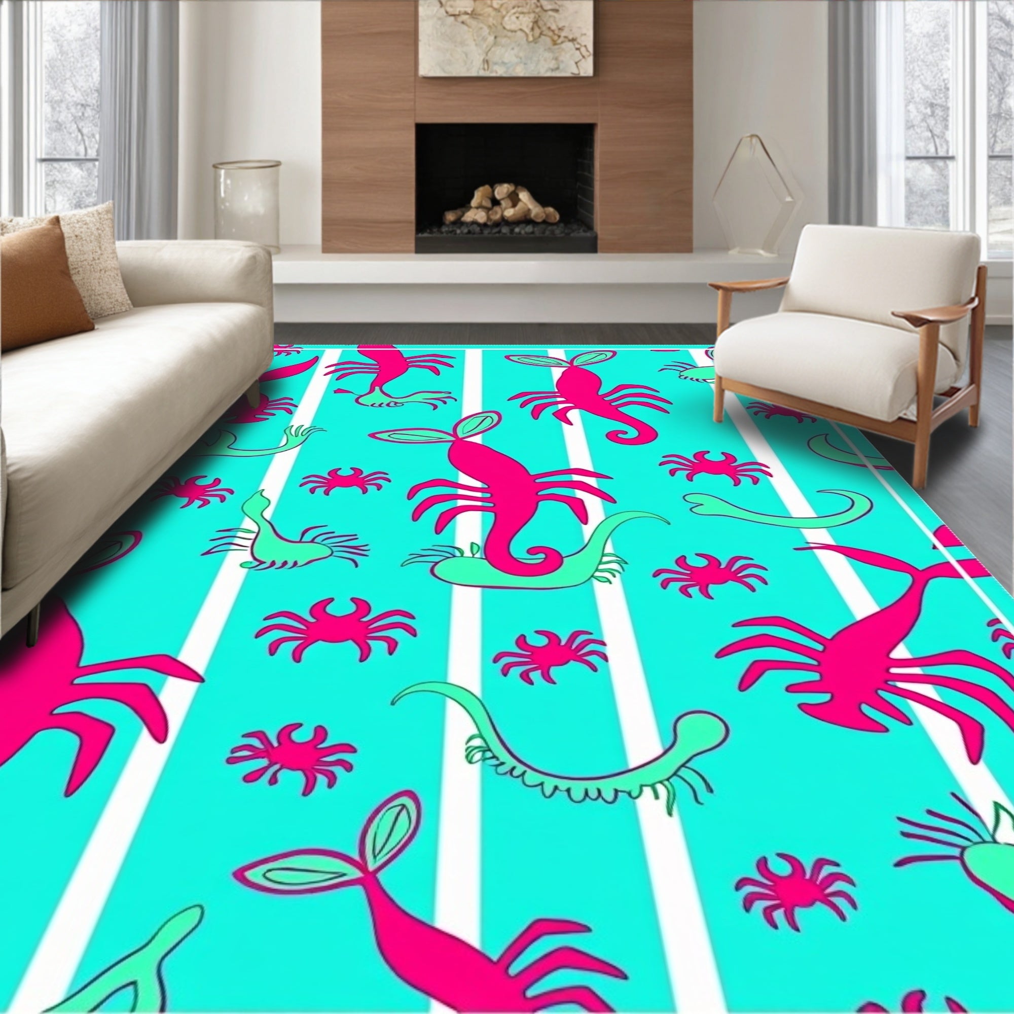 Vibrant Pink Turquoise Creature Stripes Rug