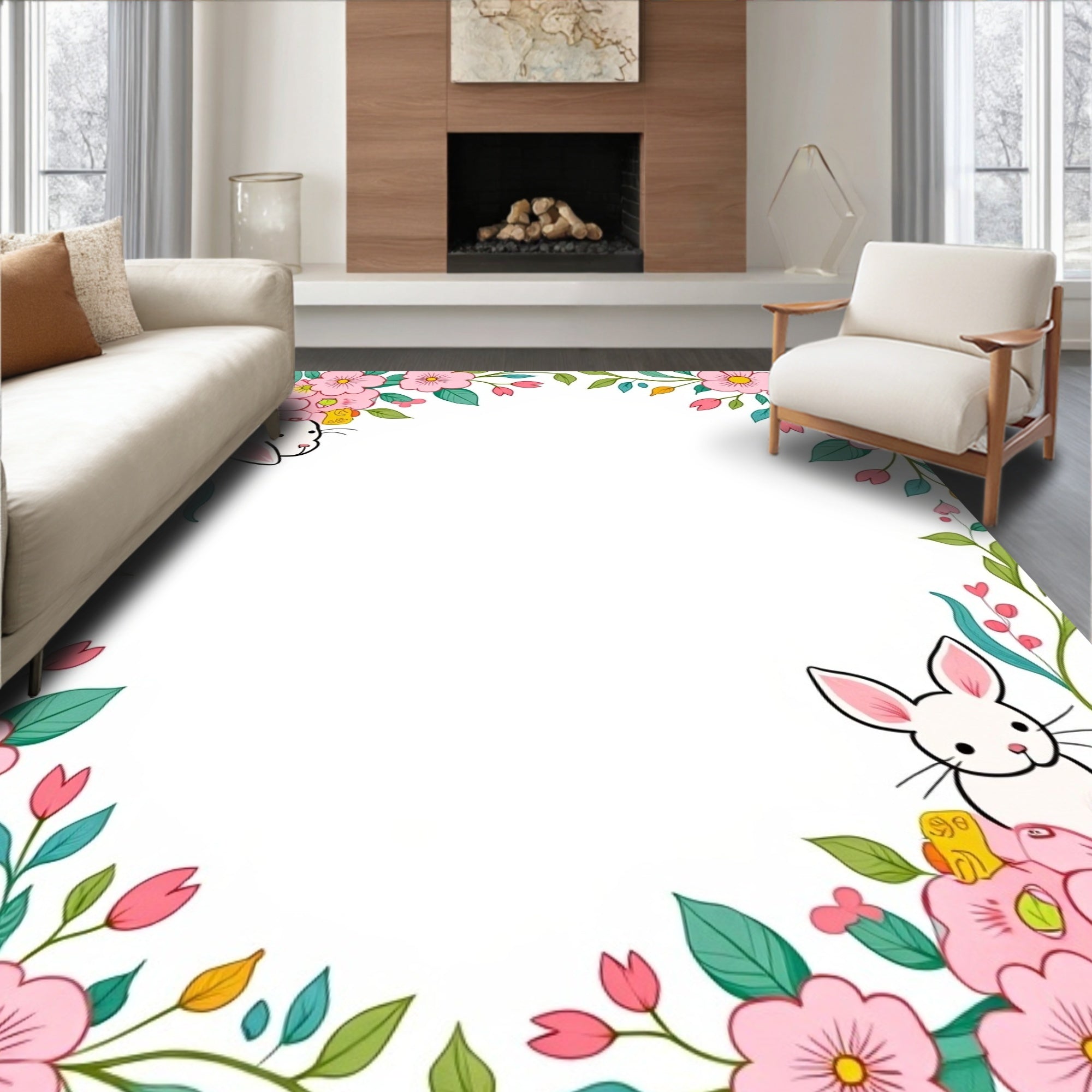 Sweet Pink Blossom Bunny Border Rug