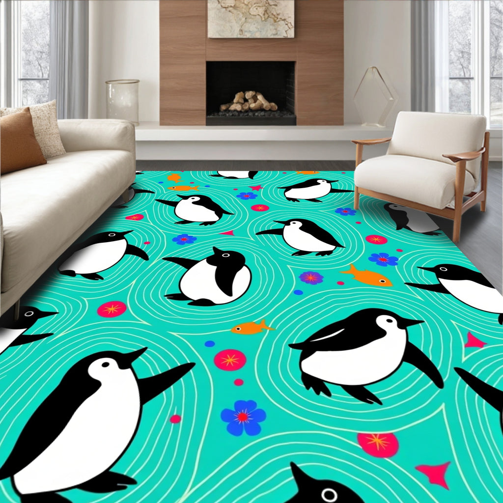 Whimsical Penguin Turquoise Swirls Rug