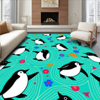 Whimsical Penguin Turquoise Swirls Rug