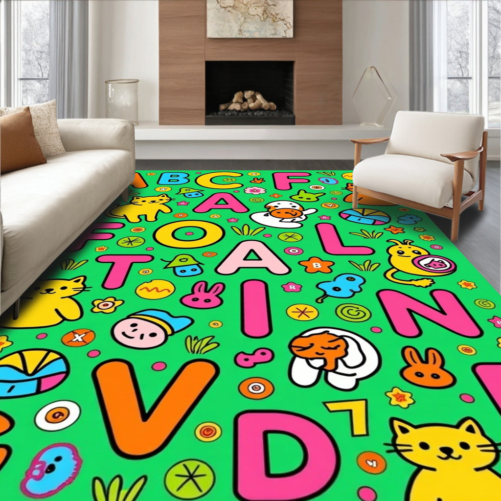 Whimsical Alphabet Friends Garden Collage Rug