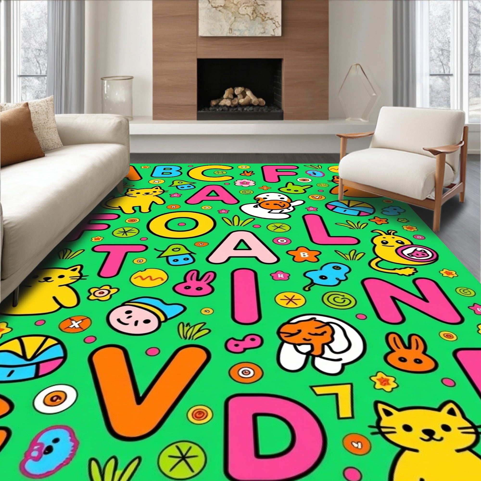 Whimsical Alphabet Friends Garden Collage Rug
