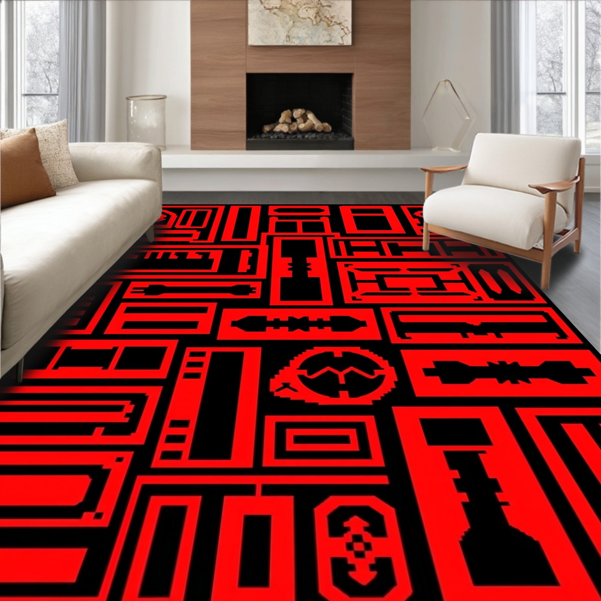 Bold Red Geometric Machine Parts Rug