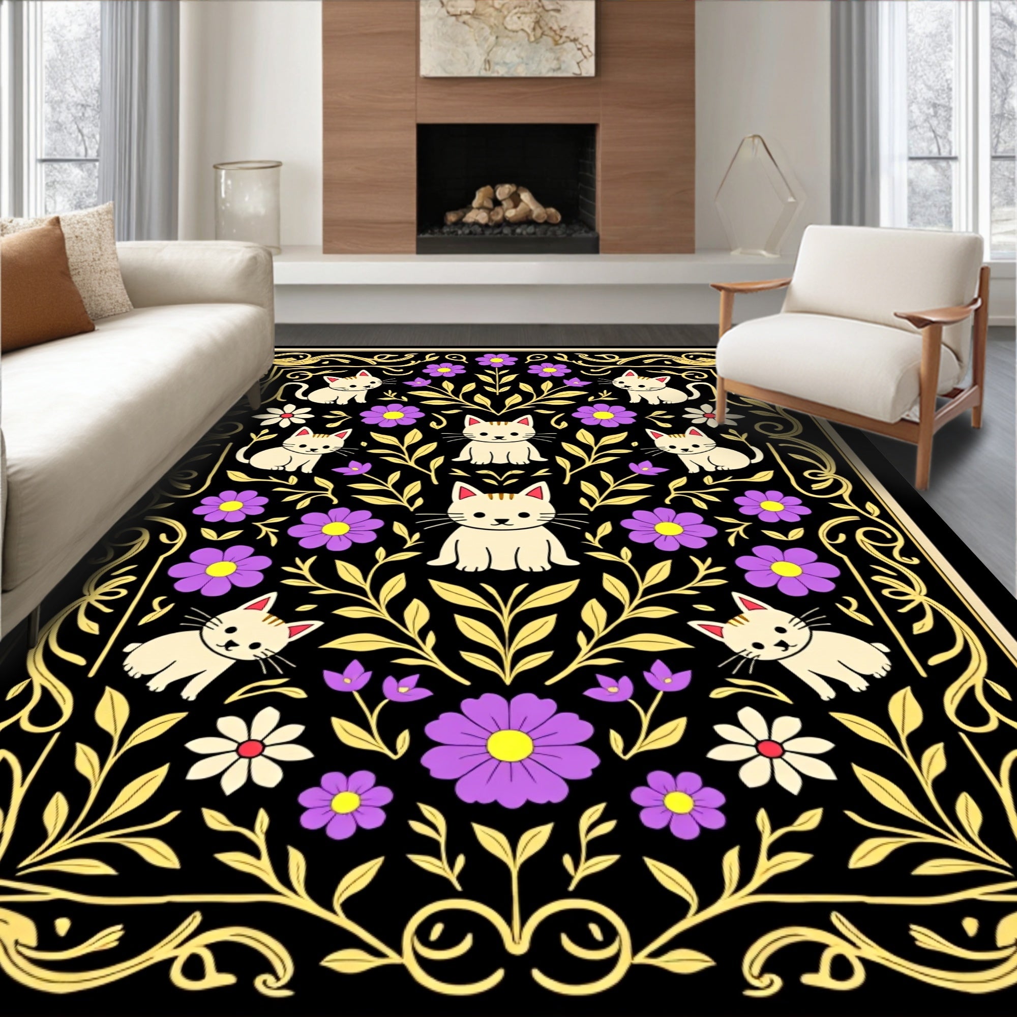 Whimsical Black Cats Purple Floral Garden Rug