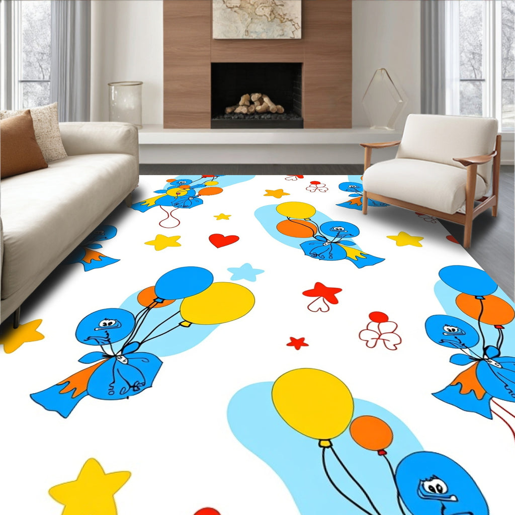 Whimsical Blue Character Balloon Stars Rug