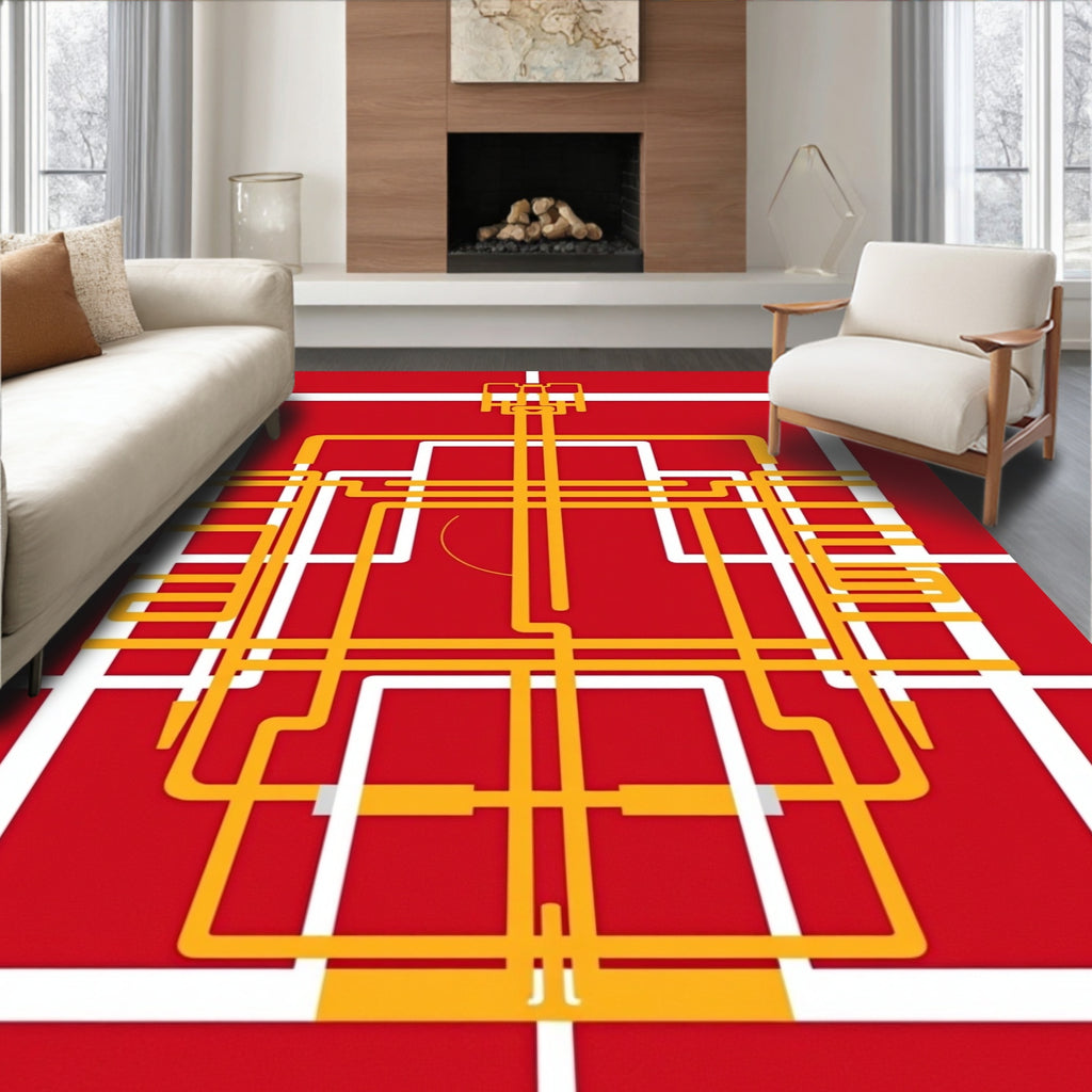 Crimson Geometric Maze Lines Rug