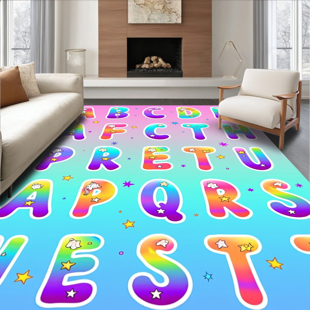 Whimsical Rainbow Unicorn Alphabet Stars Rug