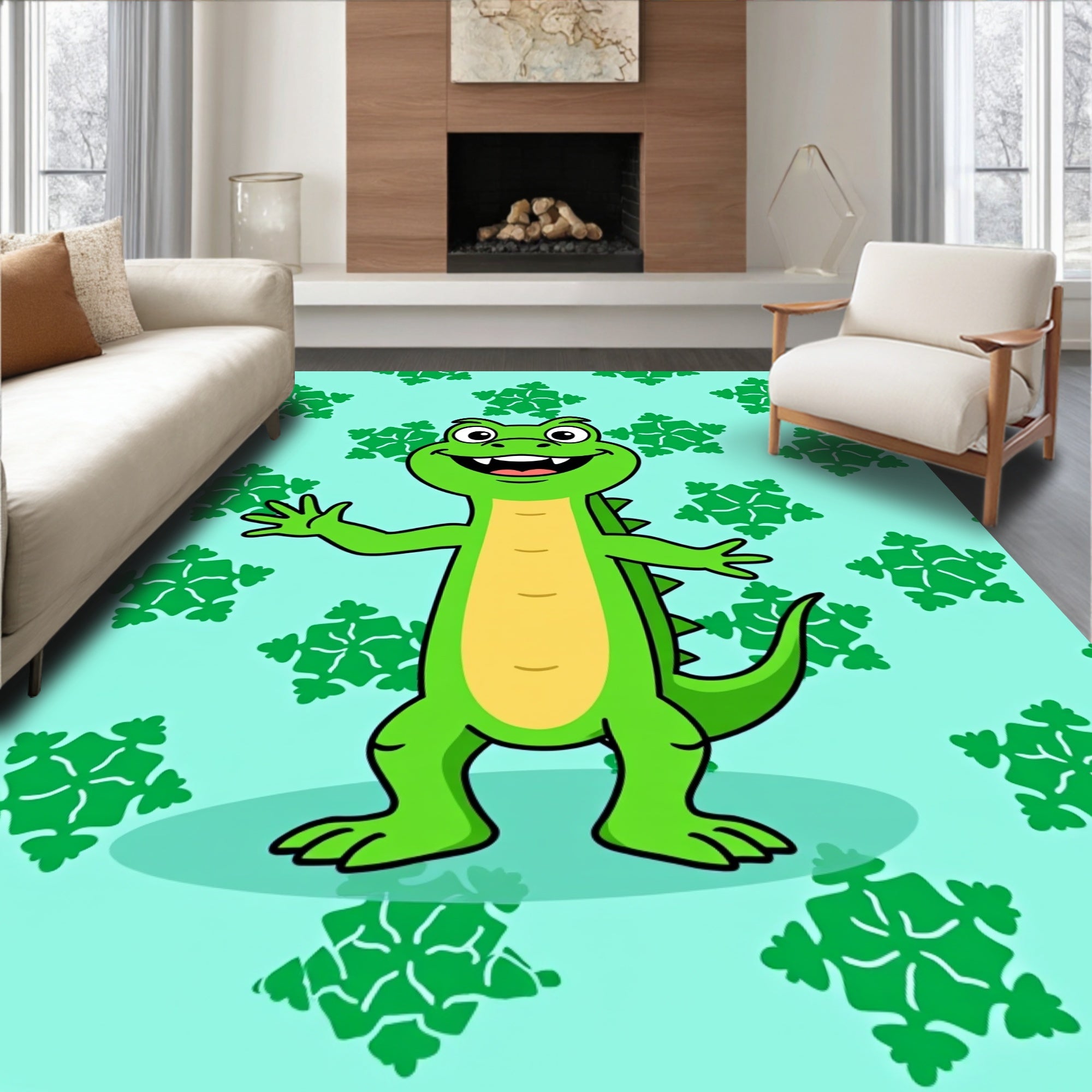 Friendly Green Crocodile Snowflakes Background Rug