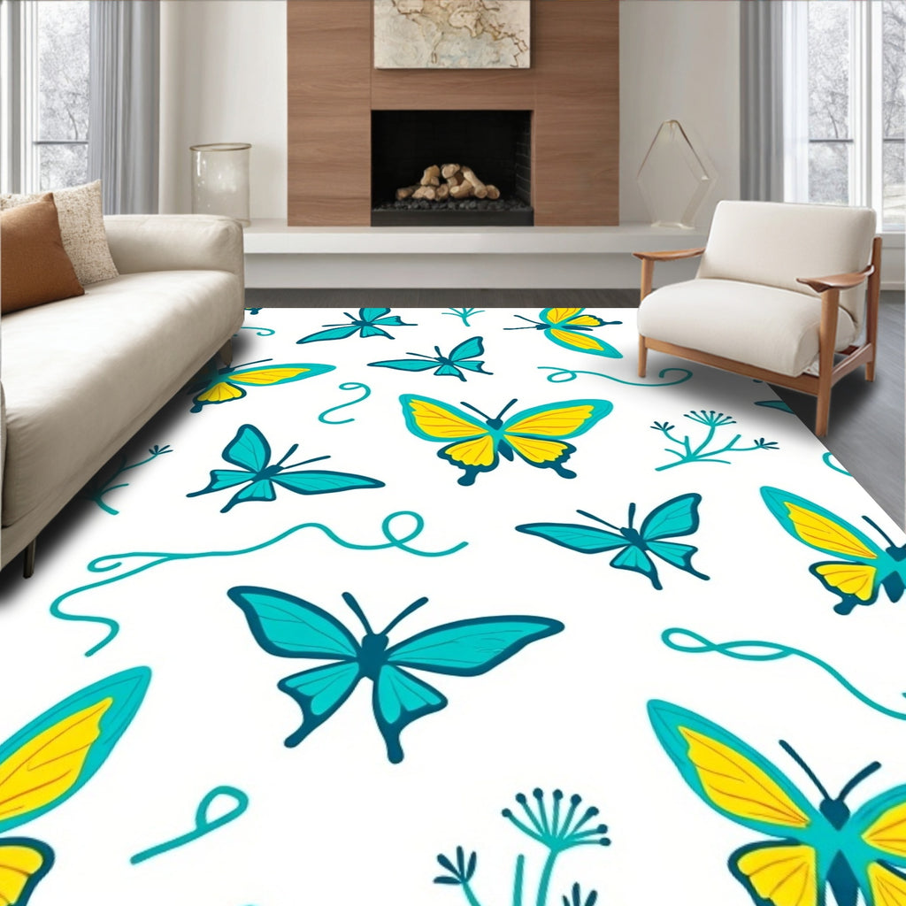 Teal Yellow Butterfly Swirl Art Rug