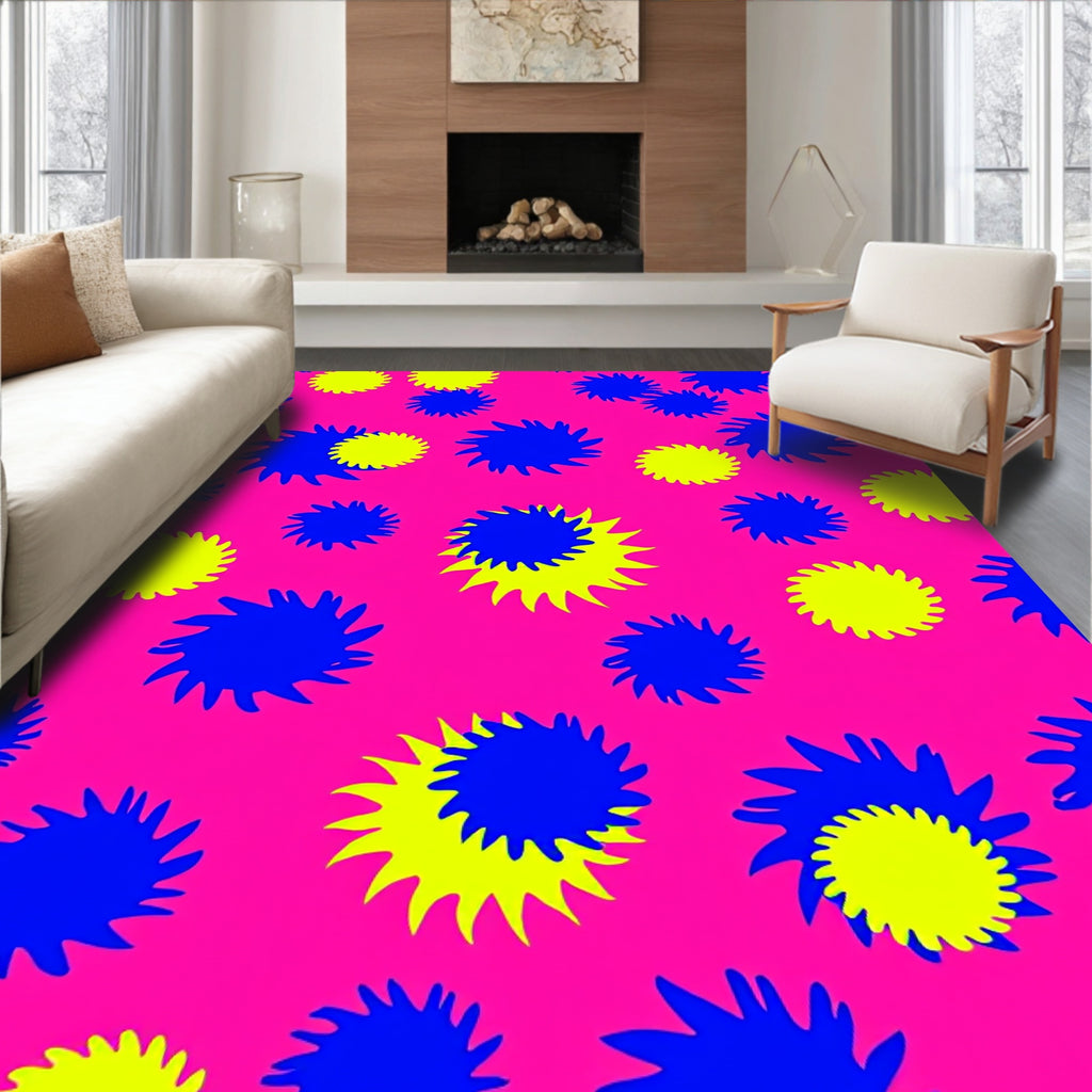 Vibrant Blue Yellow Starburst Pink Field Rug