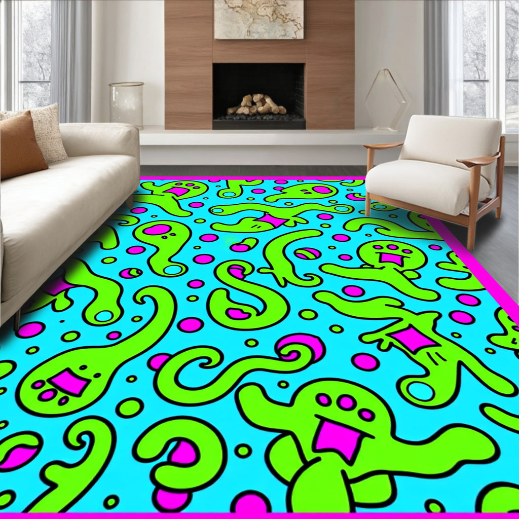Whimsical Green Blob Funky Characters Rug