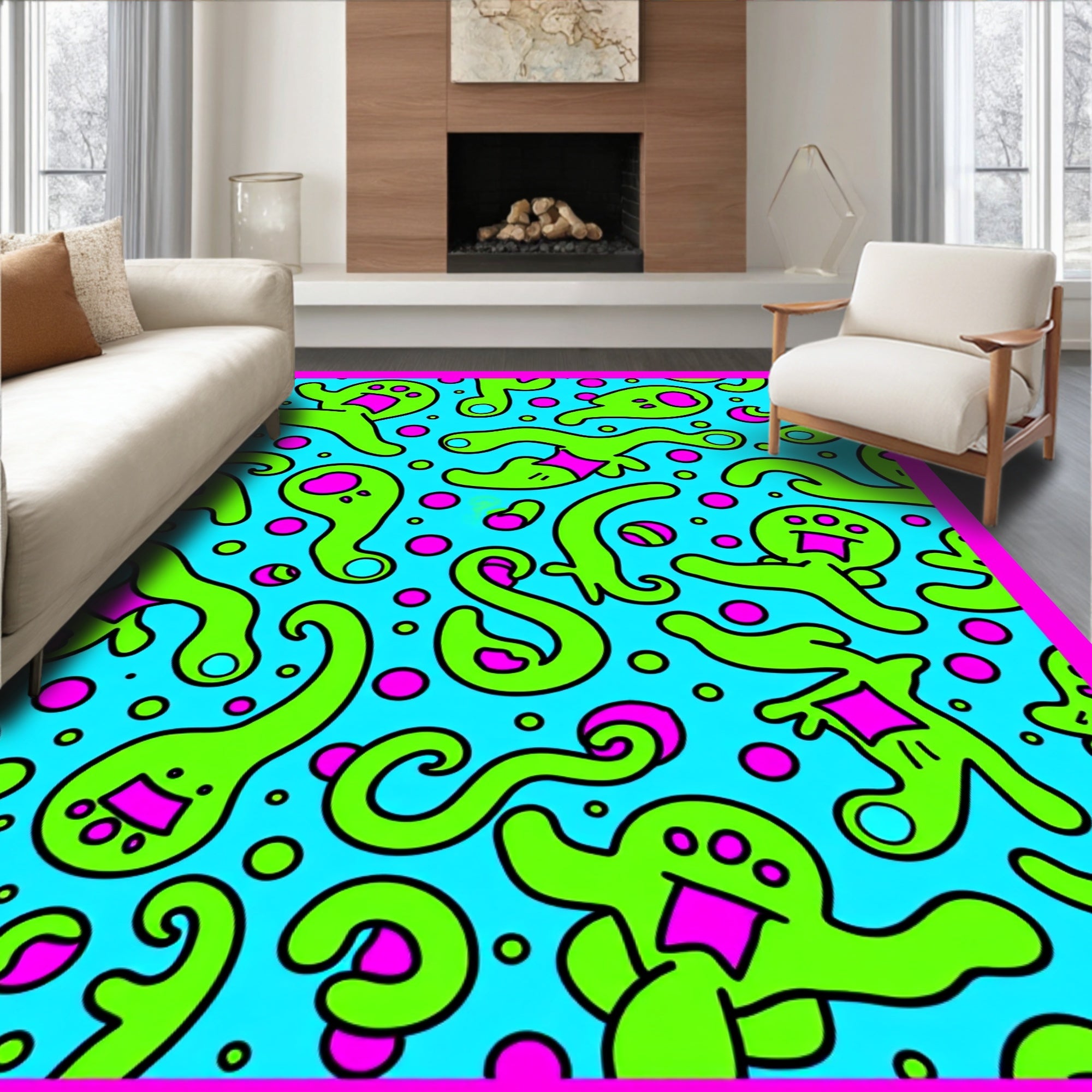 Whimsical Green Blob Funky Characters Rug