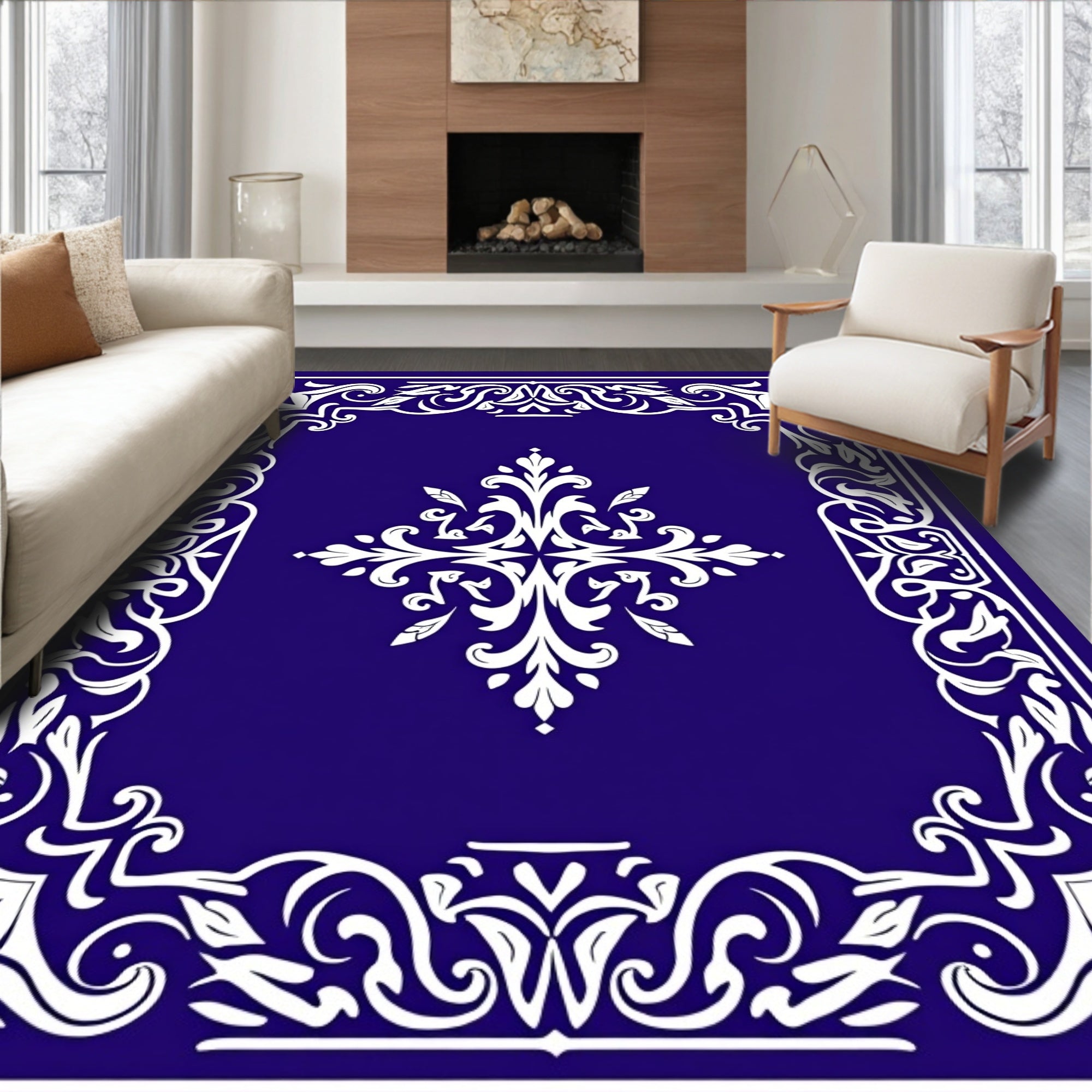 Deep Blue White Scroll Symmetry Rug