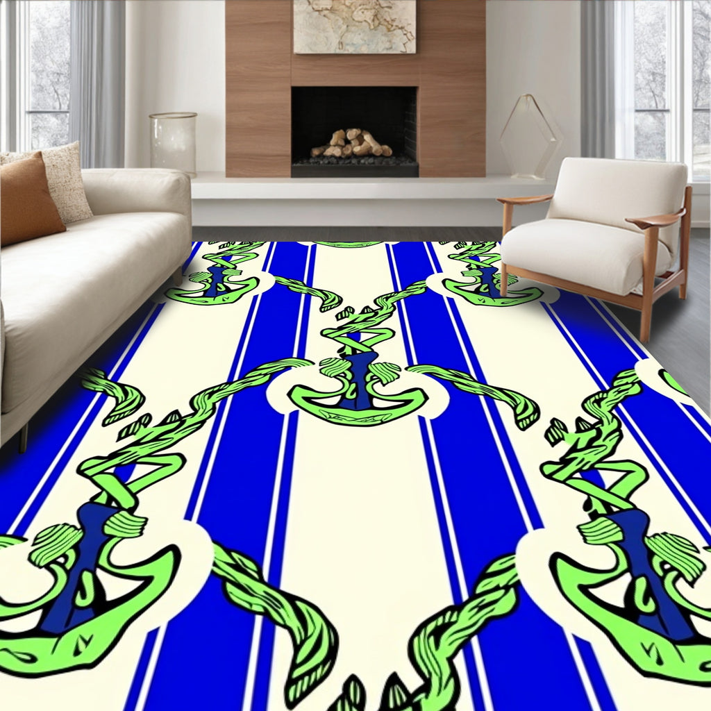 Nautical Green Anchor Blue Stripes Rug