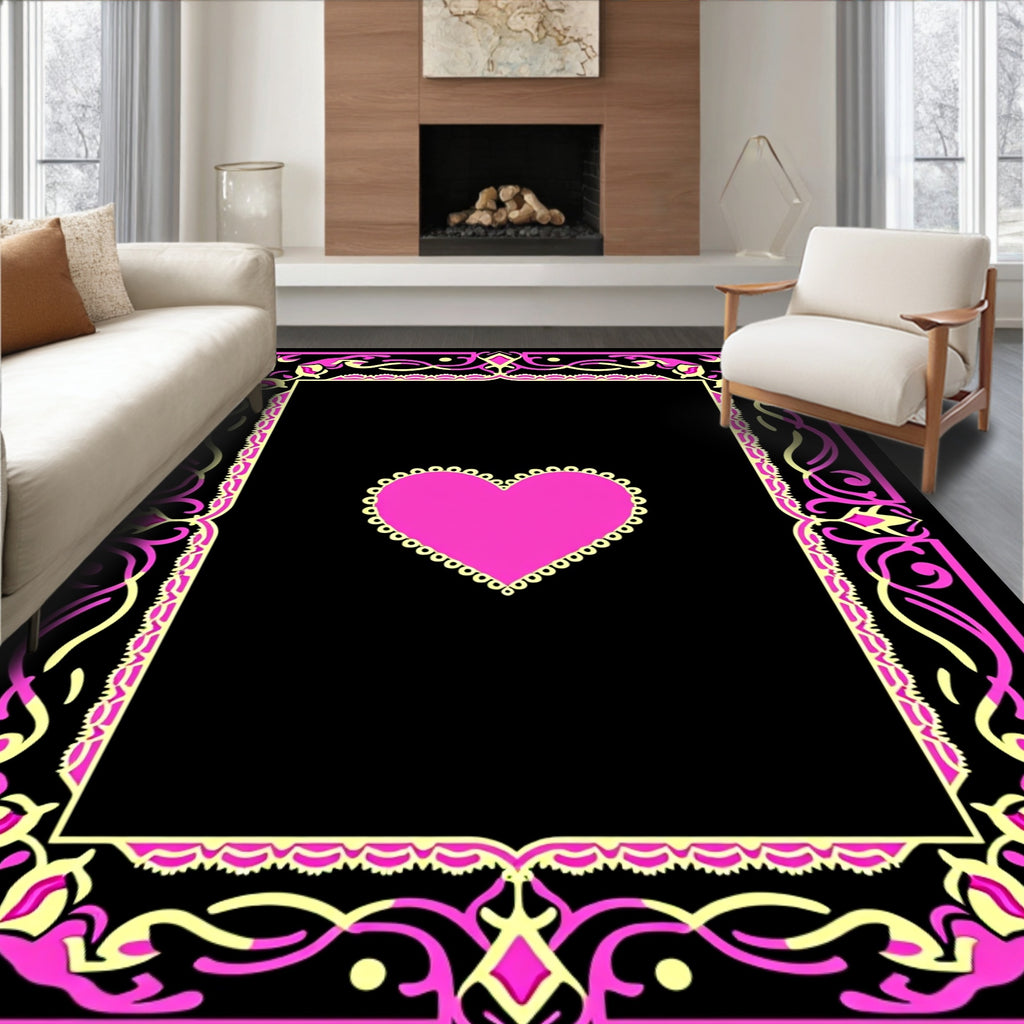 Vibrant Pink Yellow Floral Heart Border Rug