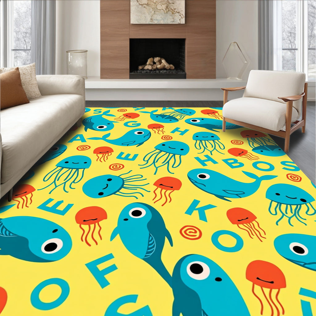 Whimsical Blue Whales and Jellyfish Alphabet Rug