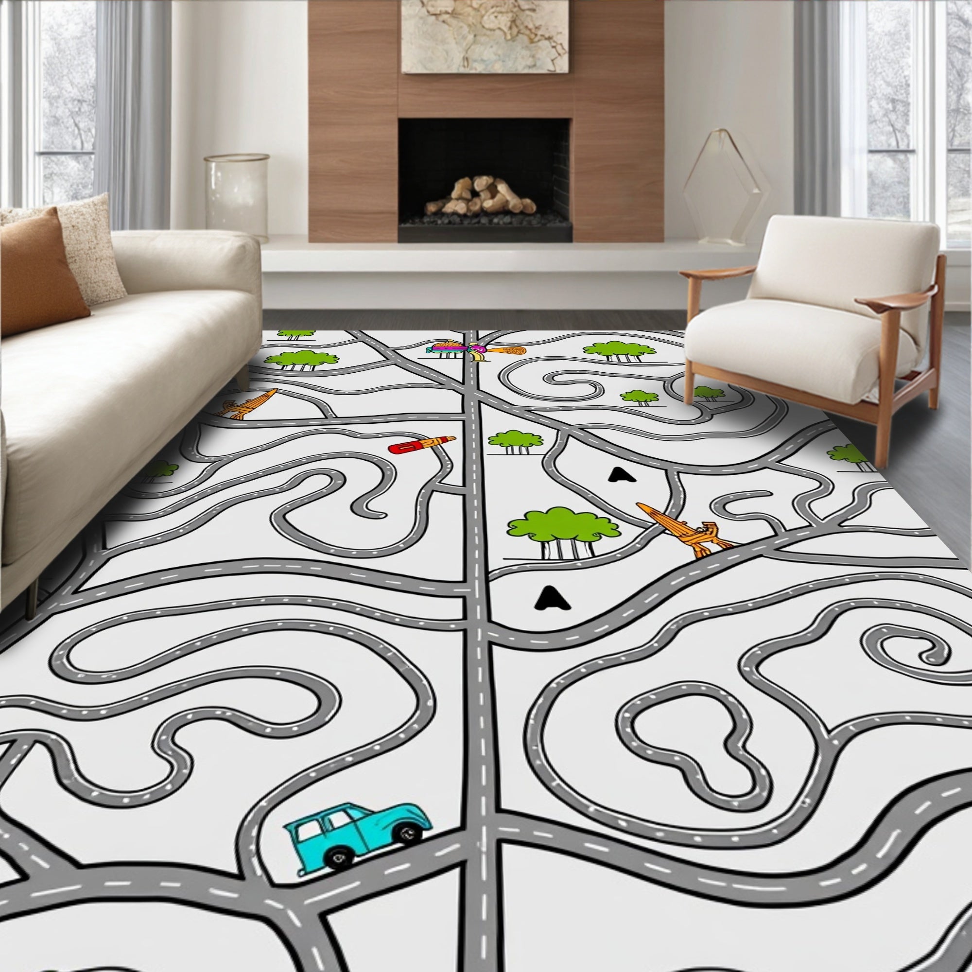 Whimsical Road Maze Green Tree Art Rug