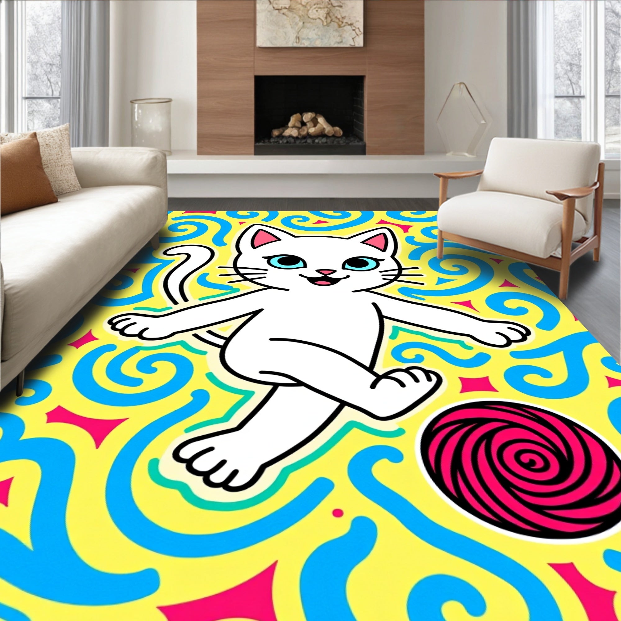Whimsical White Cat Playful Swirls Rug