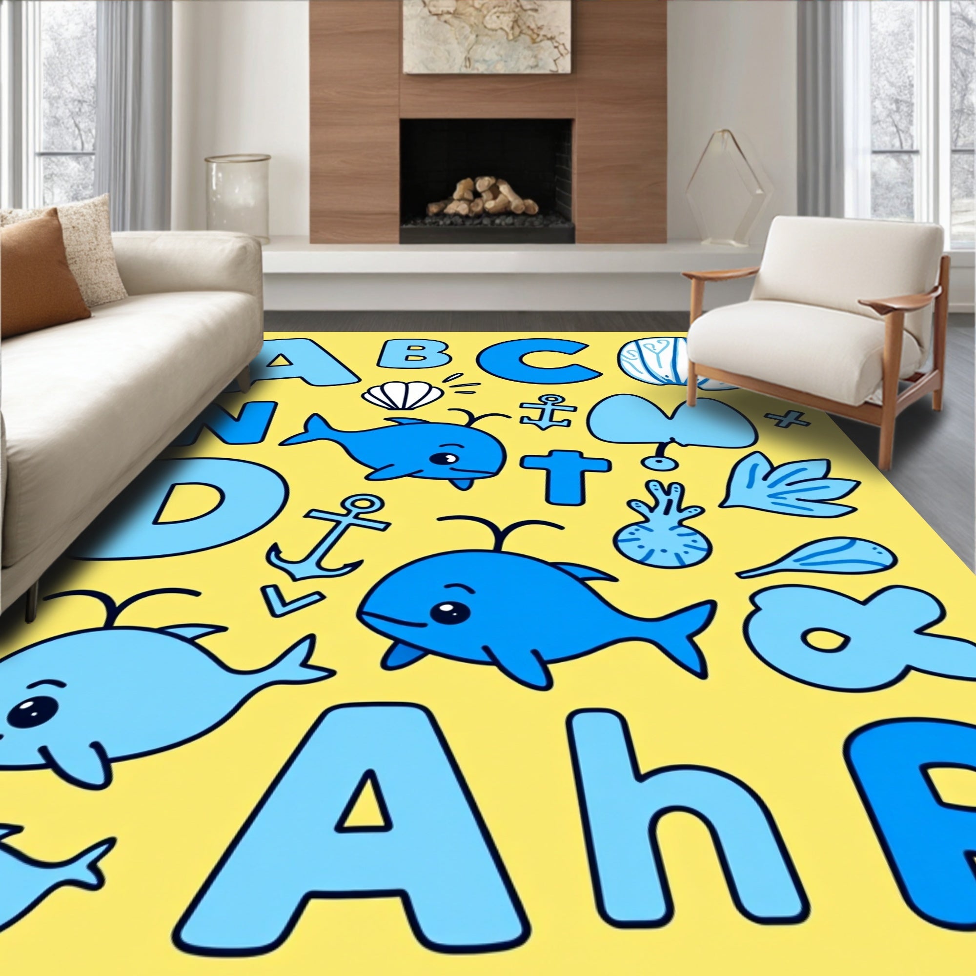 Blue Ocean Alphabet Whales And Shells Rug