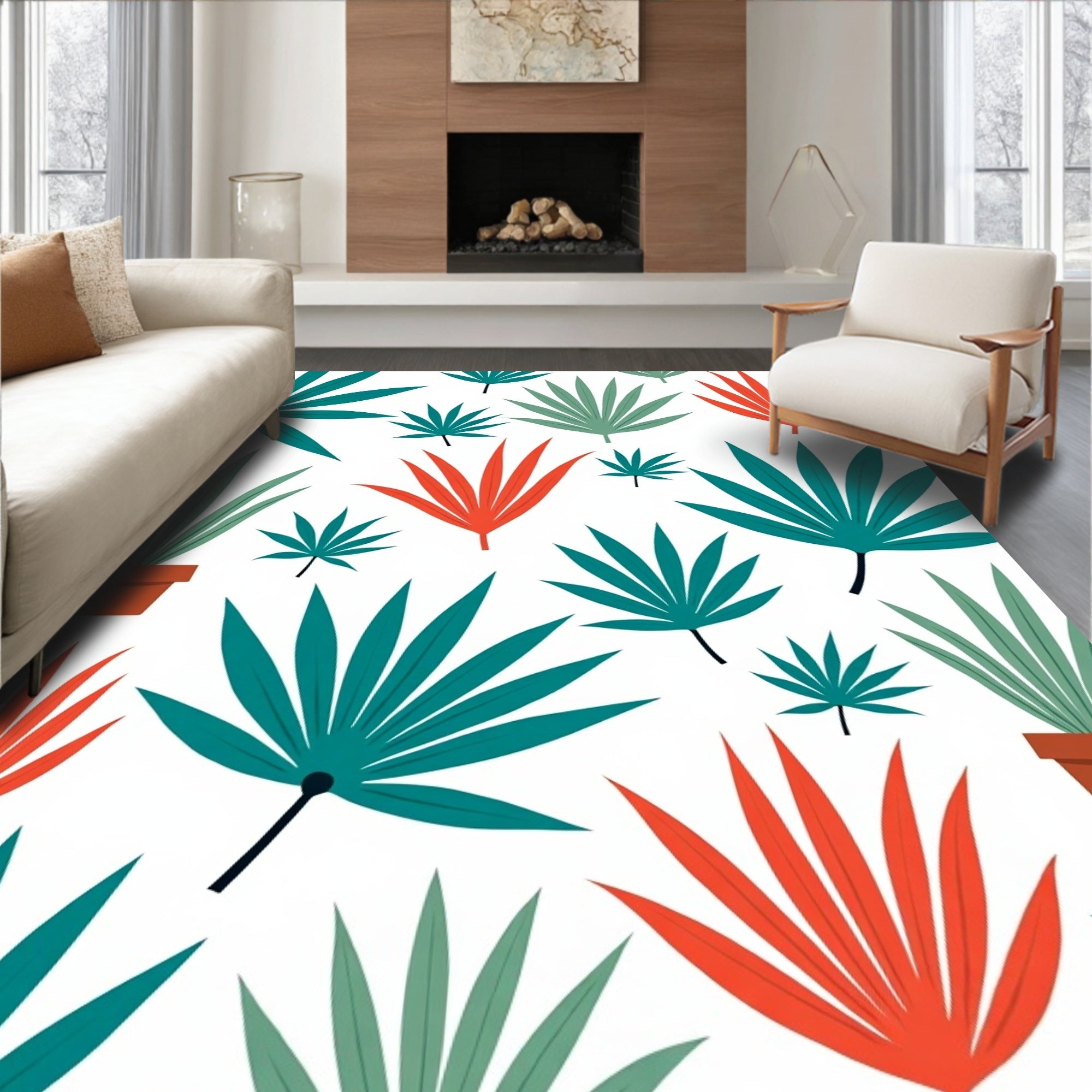 Tropical Leaf Medley In Teal Red Rug