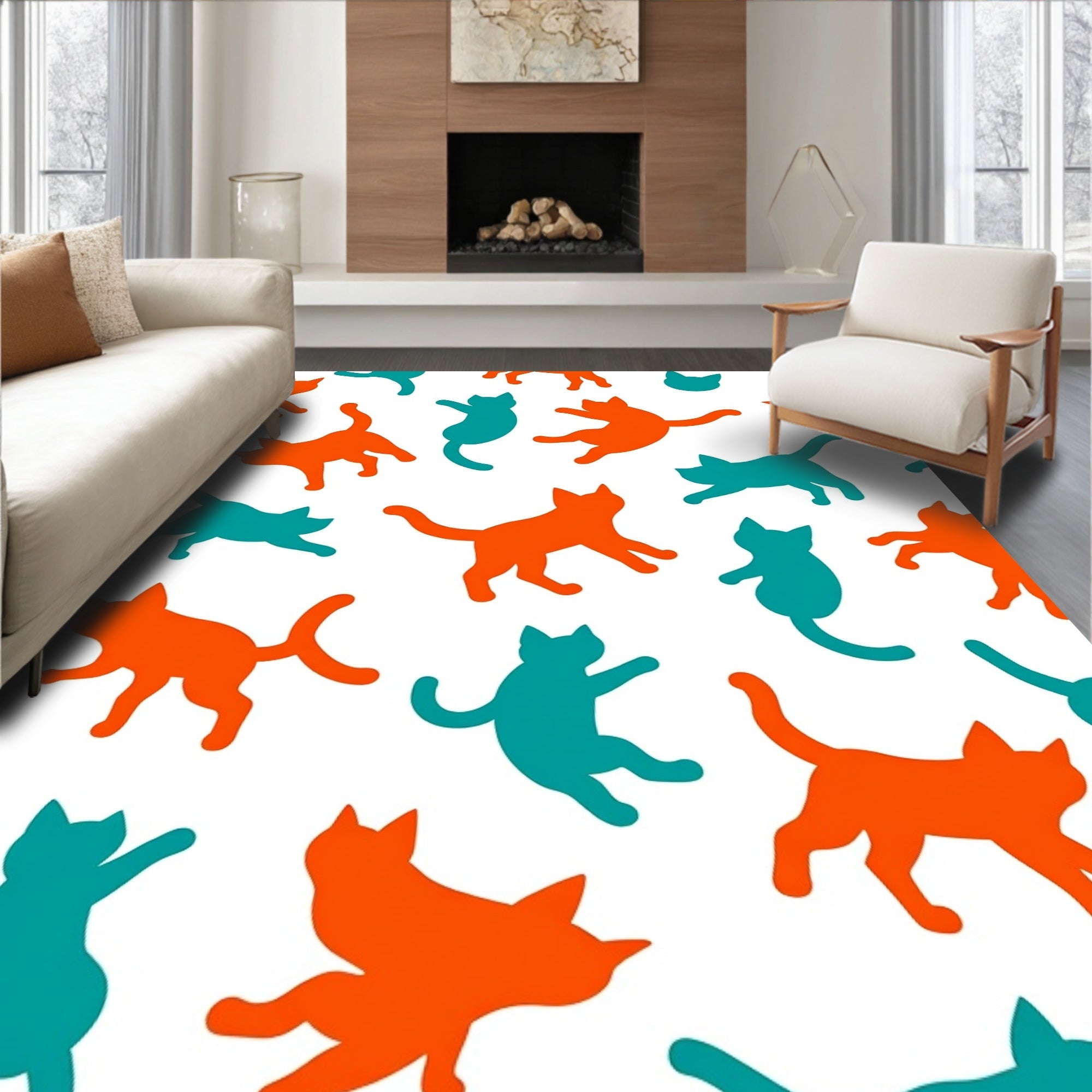 Orange Teal Cat Silhouettes Repeating Rug