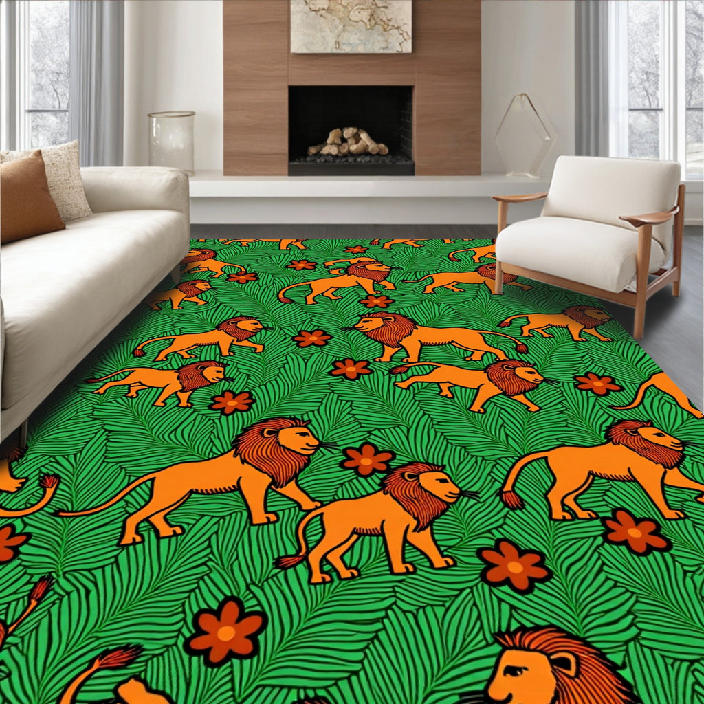 Orange Lion Jungle Foliage Scene Rug