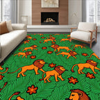 Orange Lion Jungle Foliage Scene Rug
