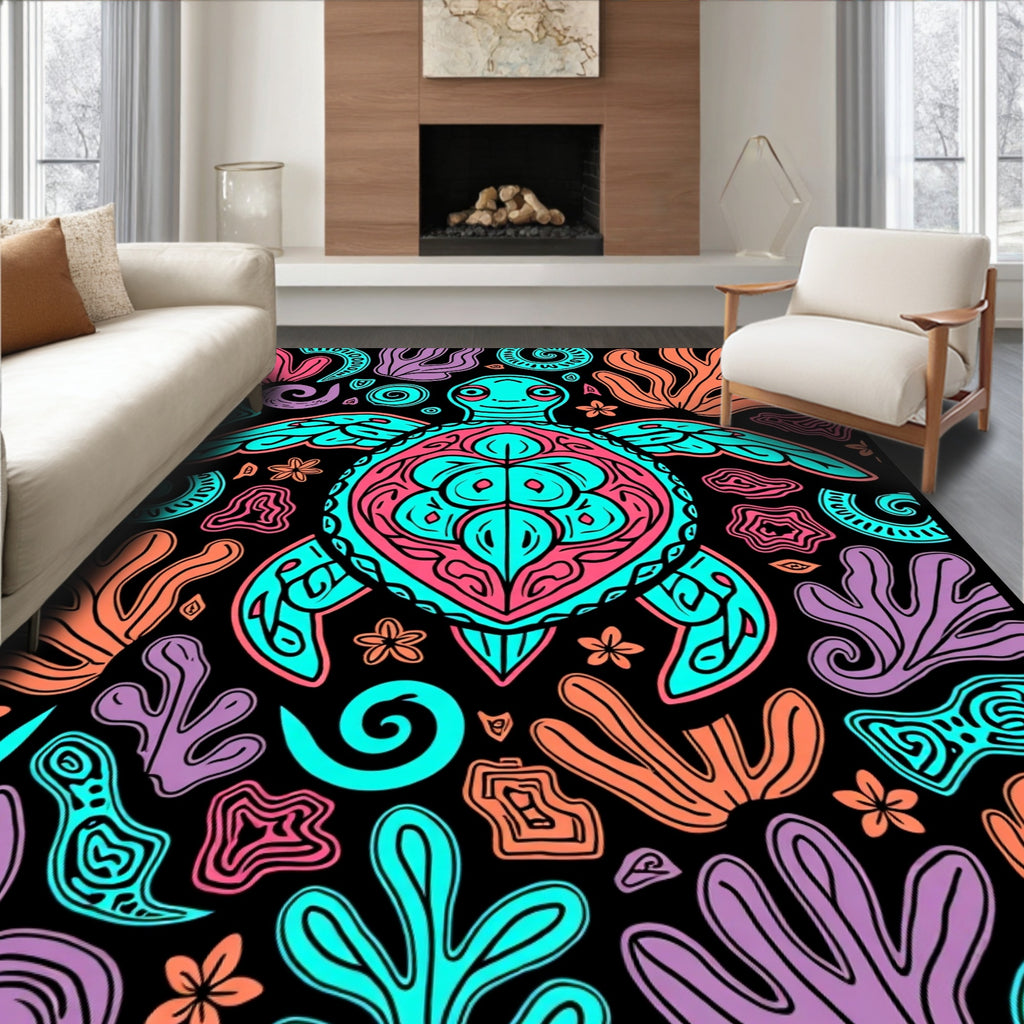 Oceanic Turtle Vibrant Coral Swirls Rug