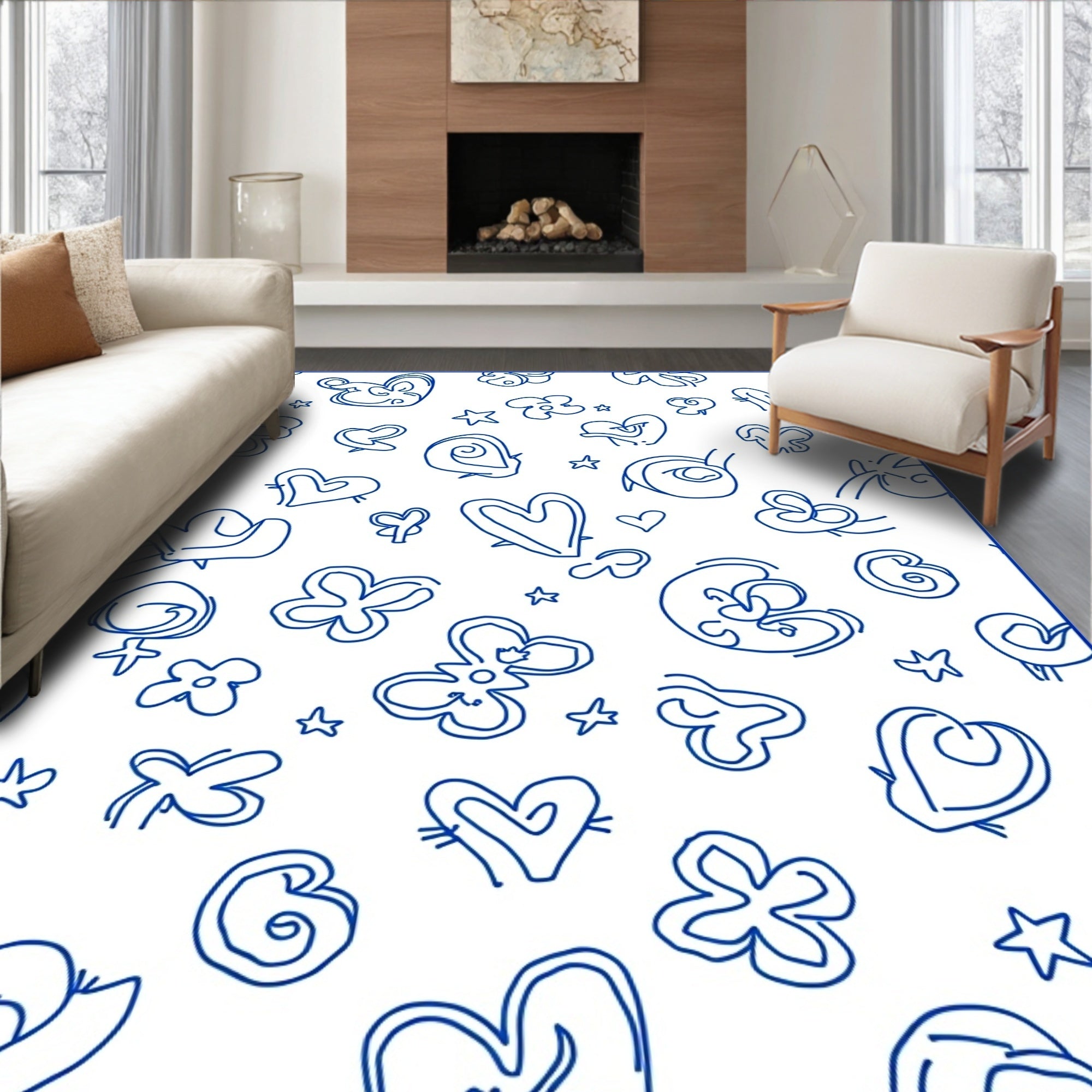 Blue Outline Hearts and Flowers Scatter Rug