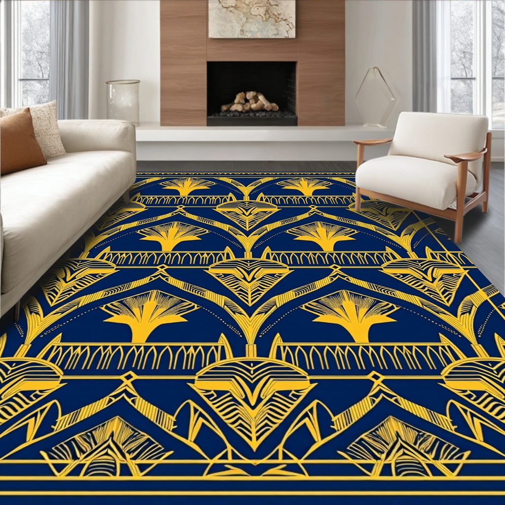 Art Deco Navy Gold Fan Motif Rug