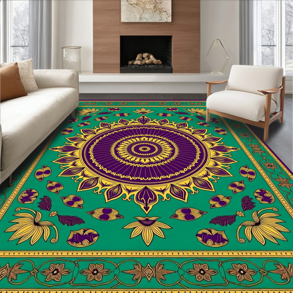 Purple Gold Floral Medallion Emerald Rug