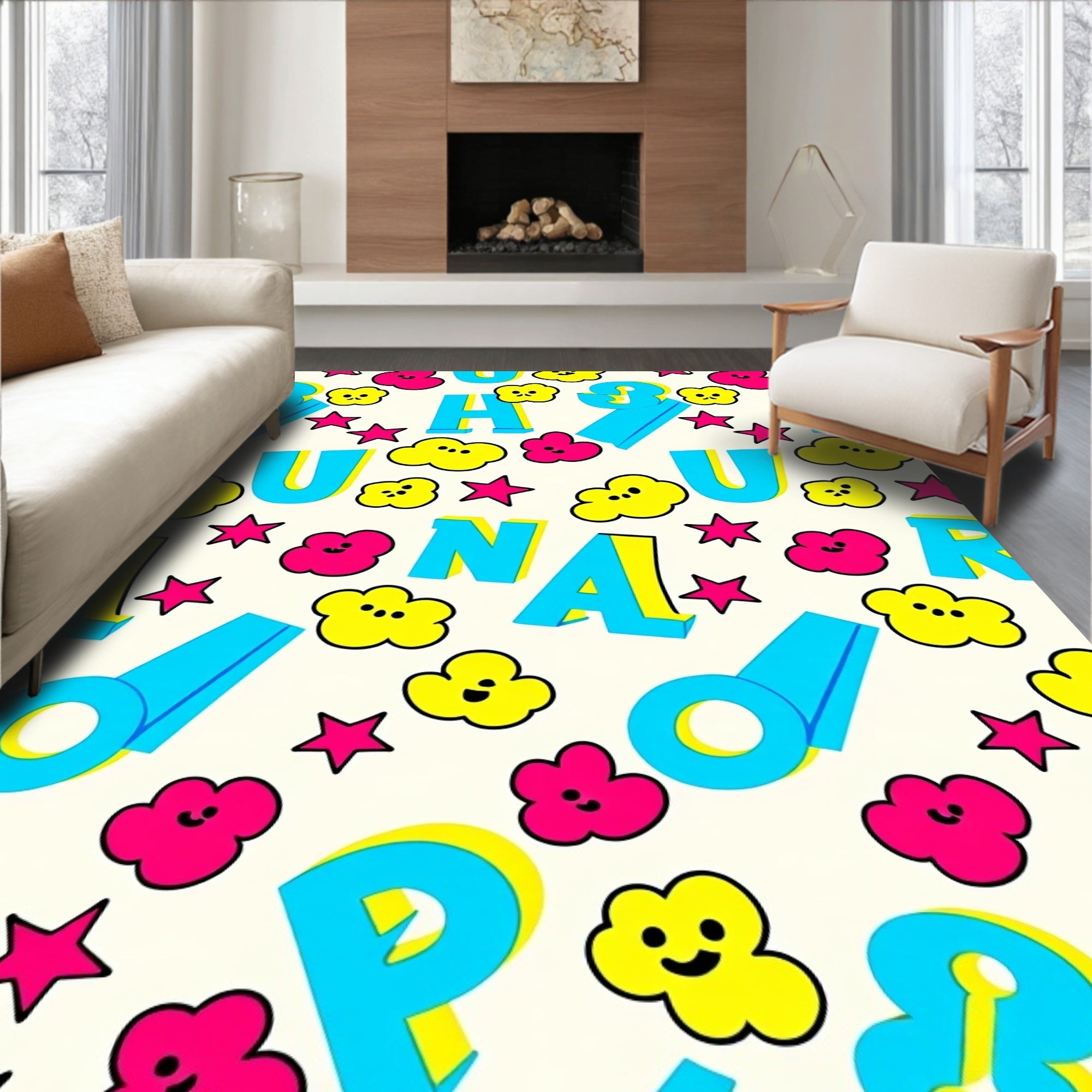 Bright Blue Alphabet Yellow Cloud Rug