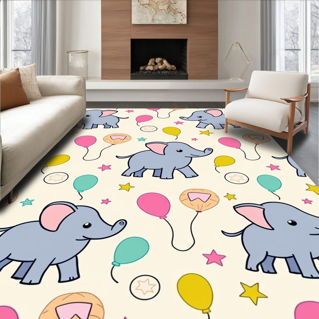 Cute Blue Elephants Whimsical Balloon Stars Rug