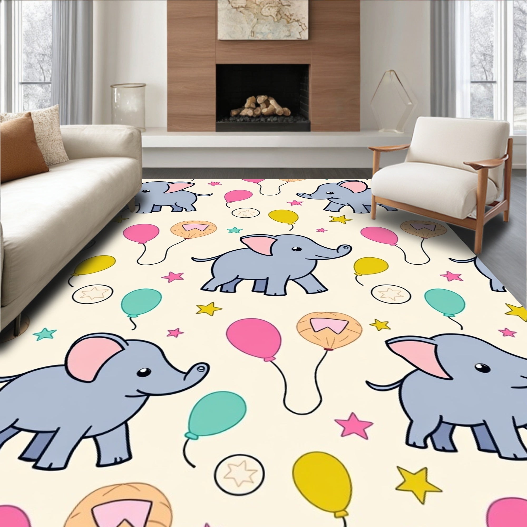 Cute Blue Elephants Whimsical Balloon Stars Rug