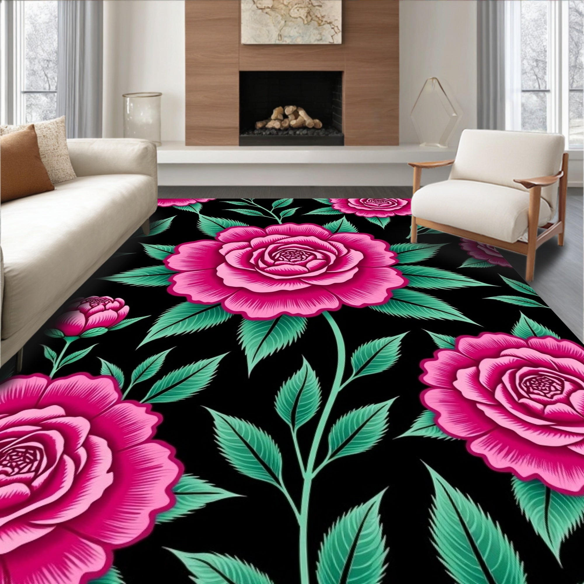 Vibrant Fuchsia Rose Garden Bloom Rug