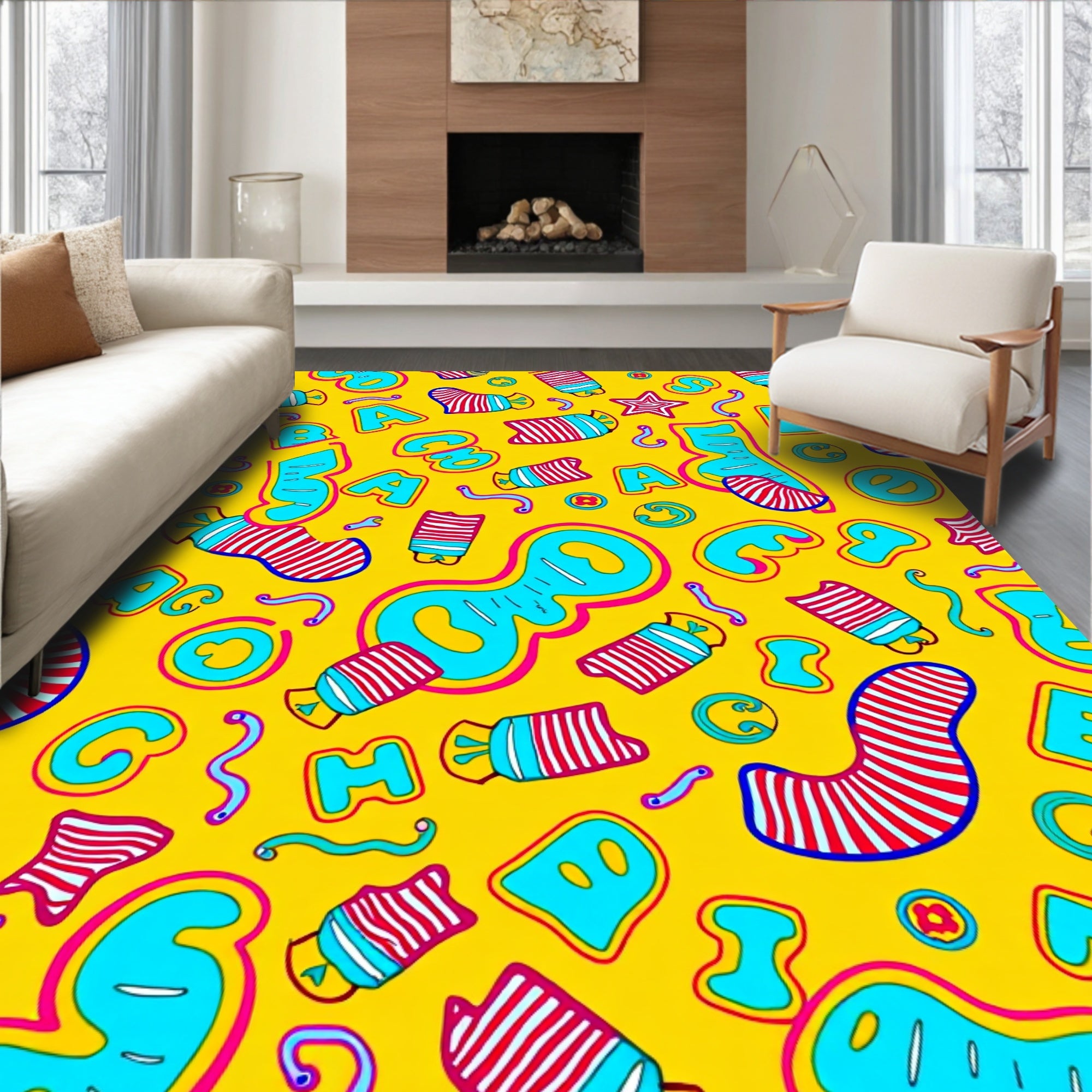 Playful Yellow Alphabet Candy Stripes Rug