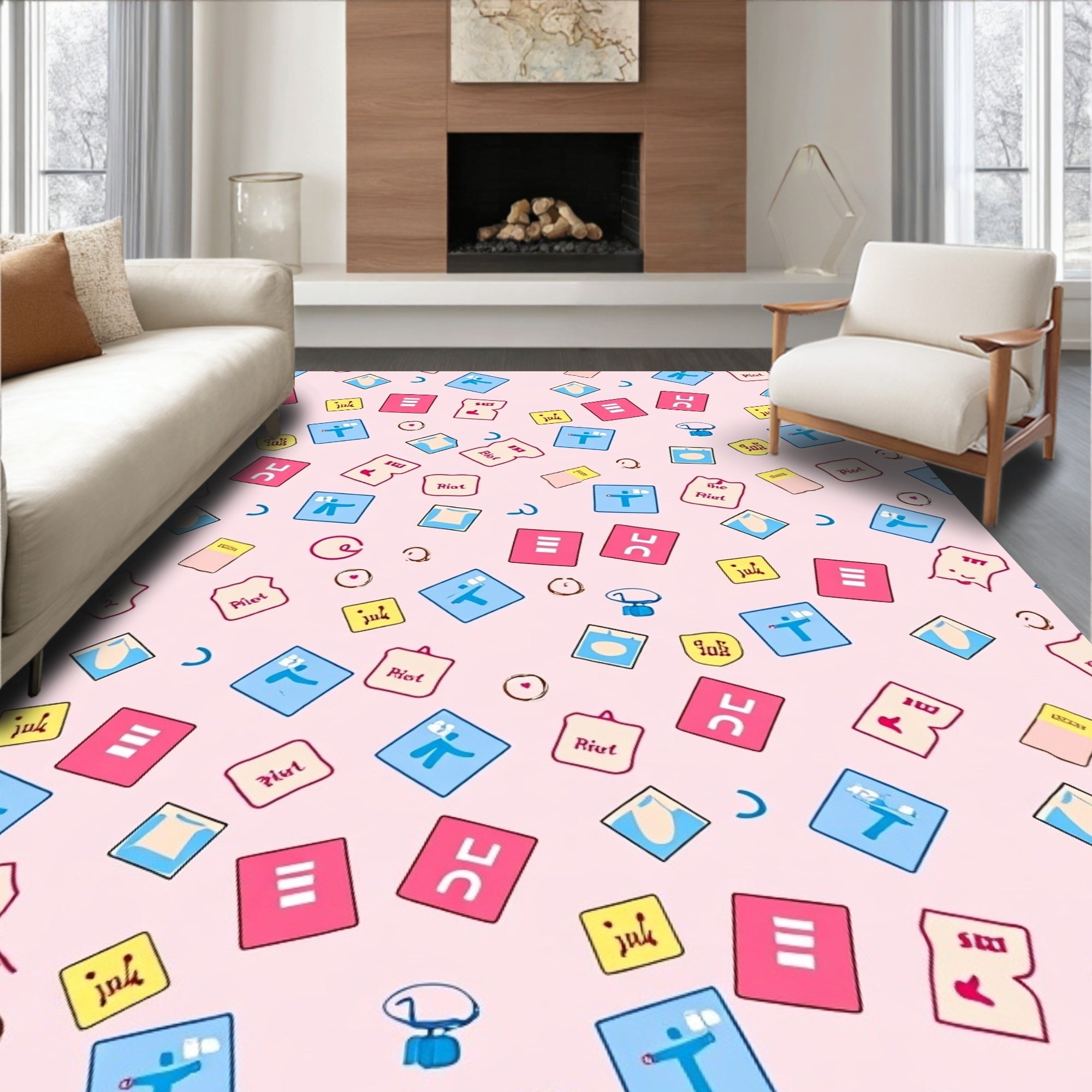 Pink Abstract Figures and Symbols Rug