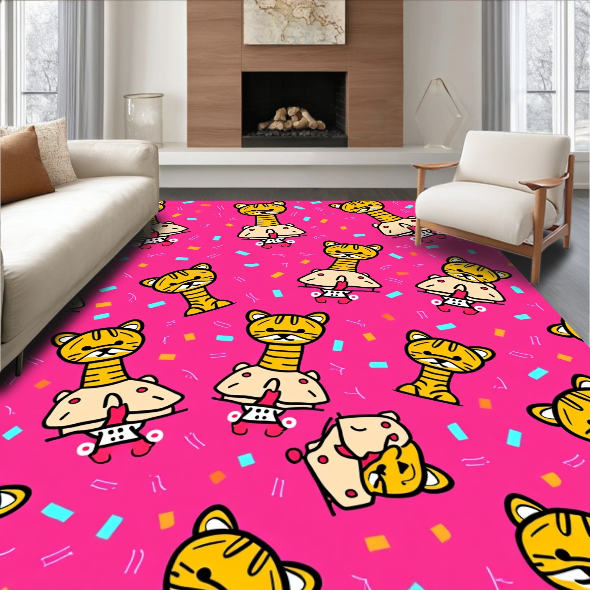 Pink Kawaii Tiger Confetti Rug