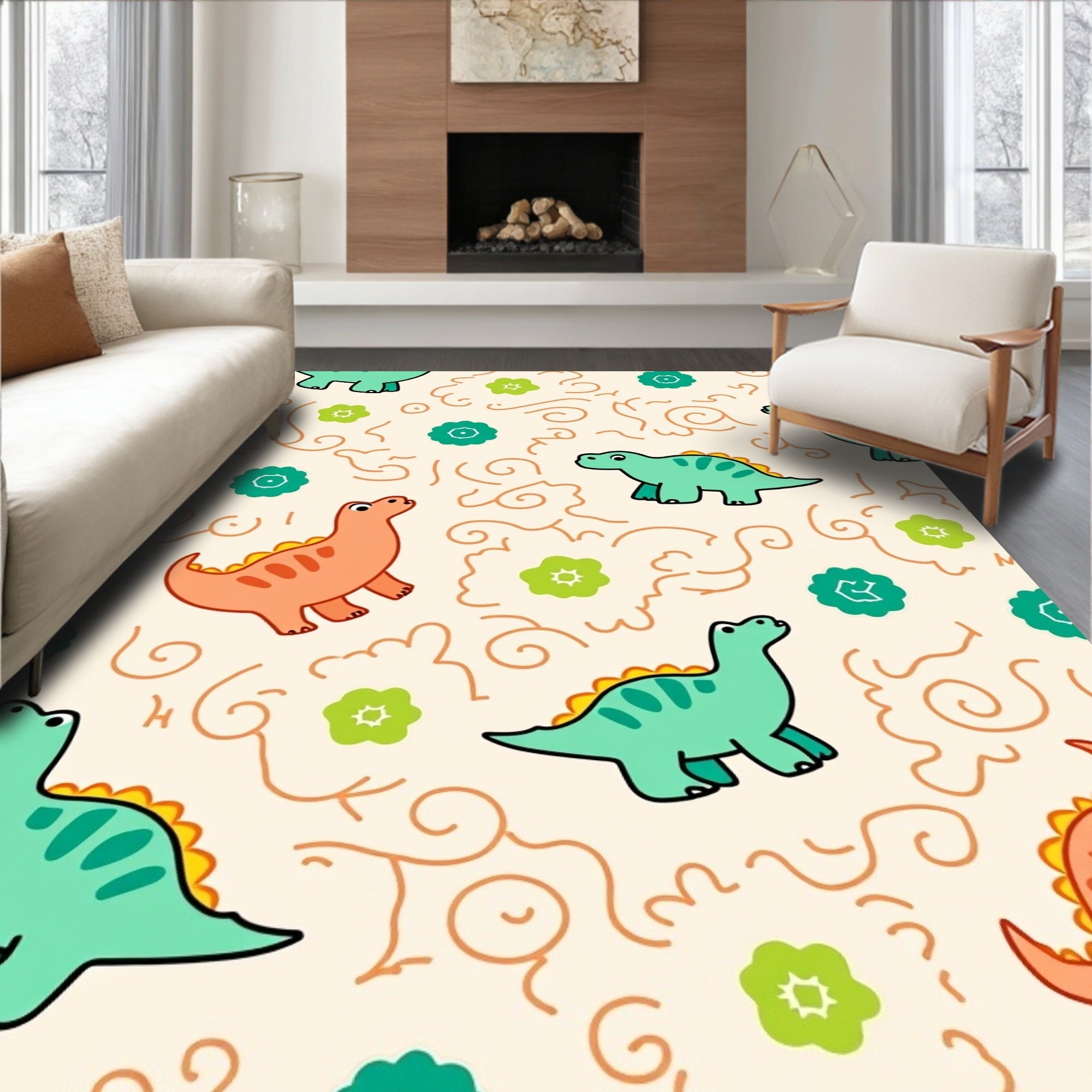 Cartoon Dinosaurs With Floral Accents Rug