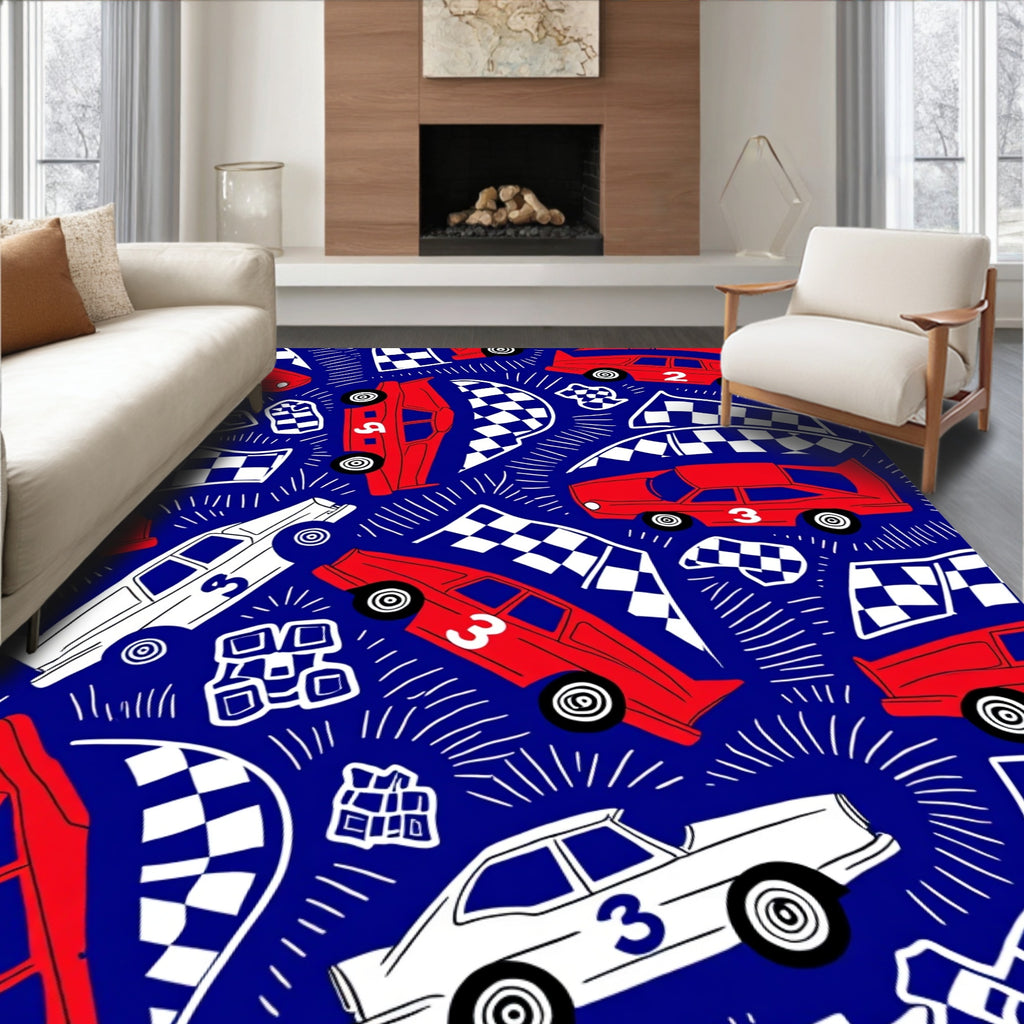 Red White Racing Cars Checkerboard Flags Rug