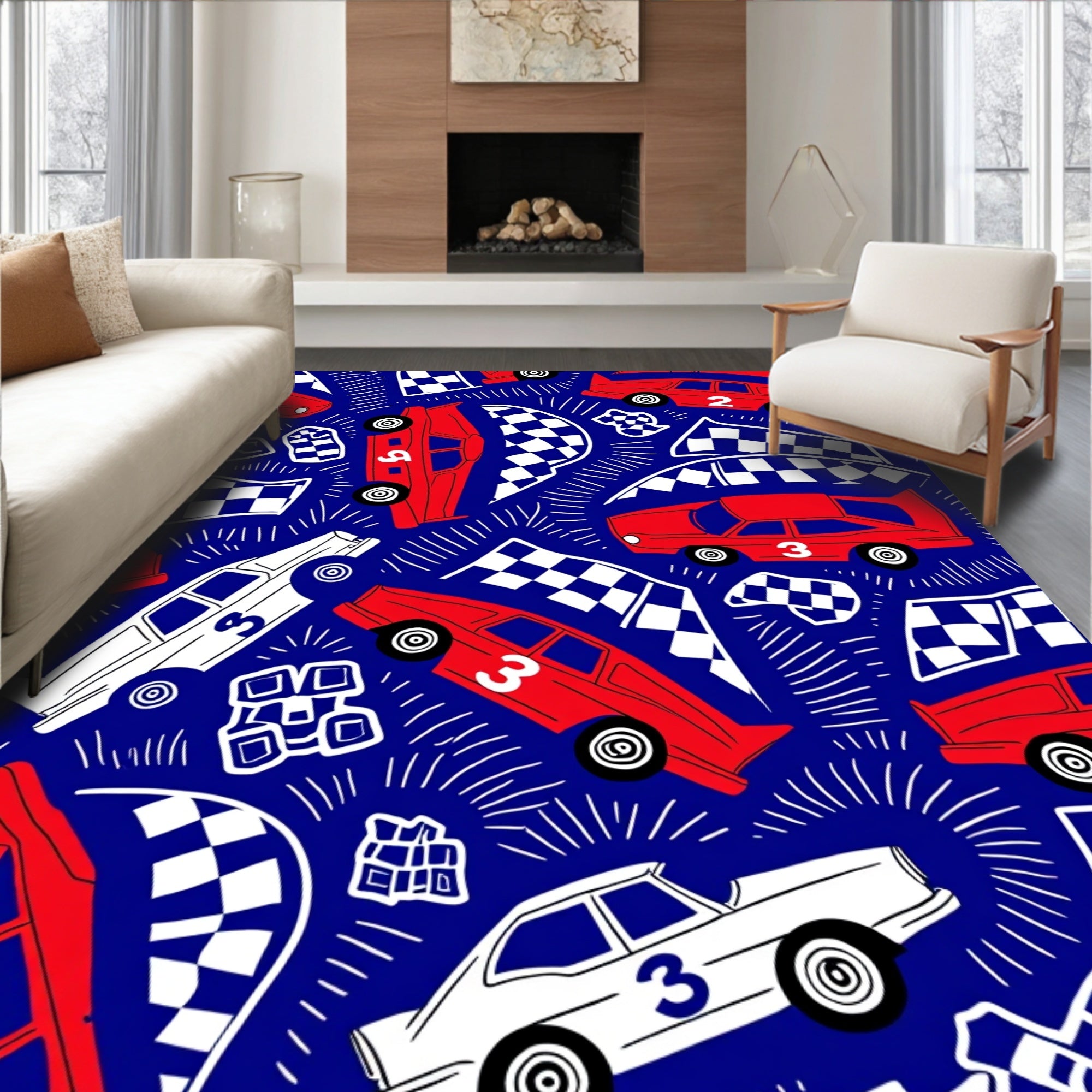 Red White Racing Cars Checkerboard Flags Rug