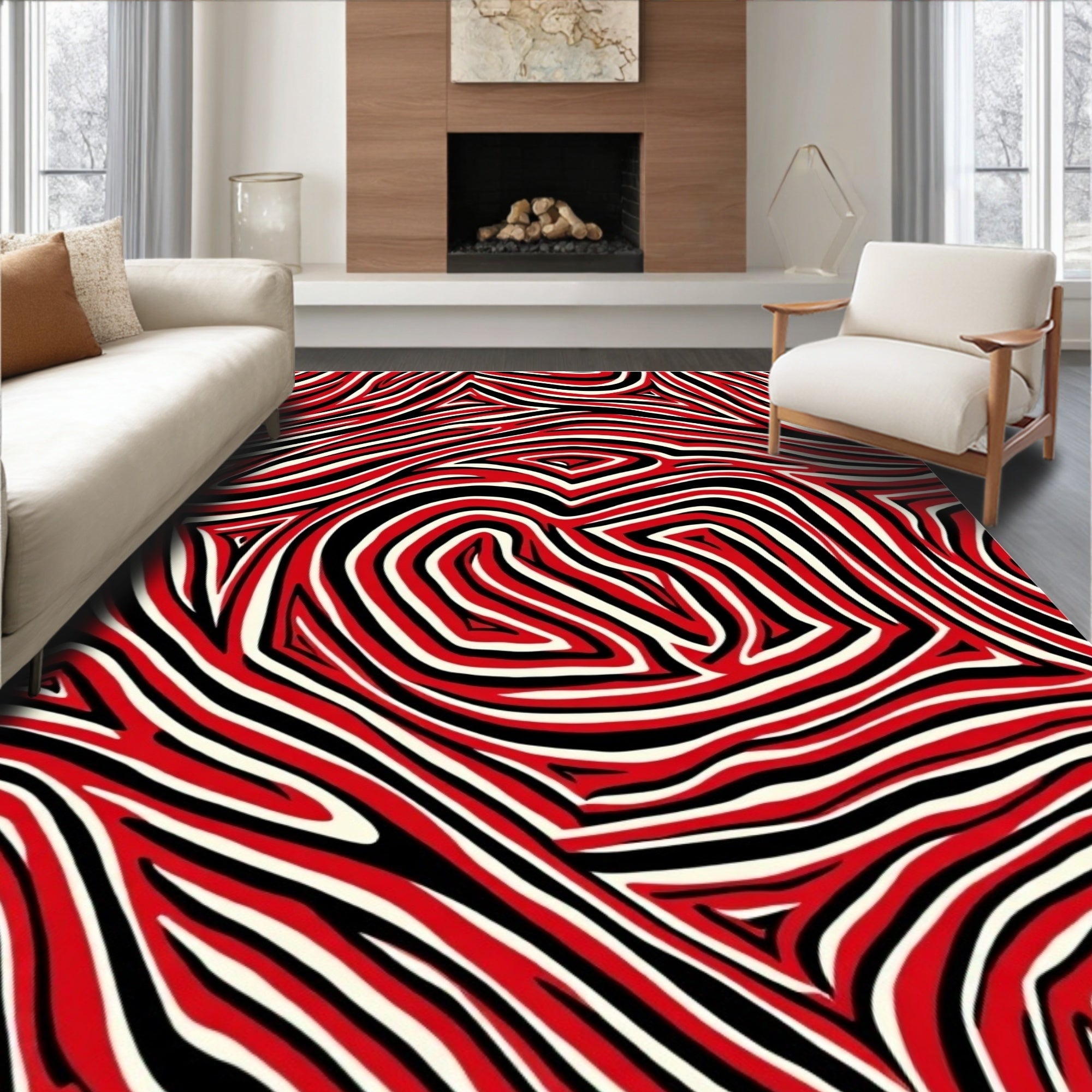 Bold Red Cream Swirling Lines Rug