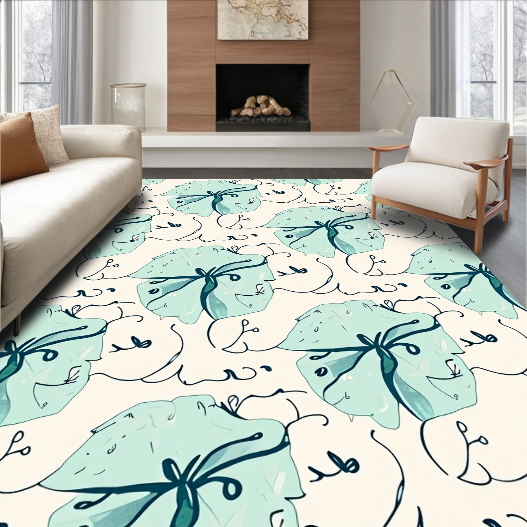Aqua Teal Florals Abstract Scribble Rug