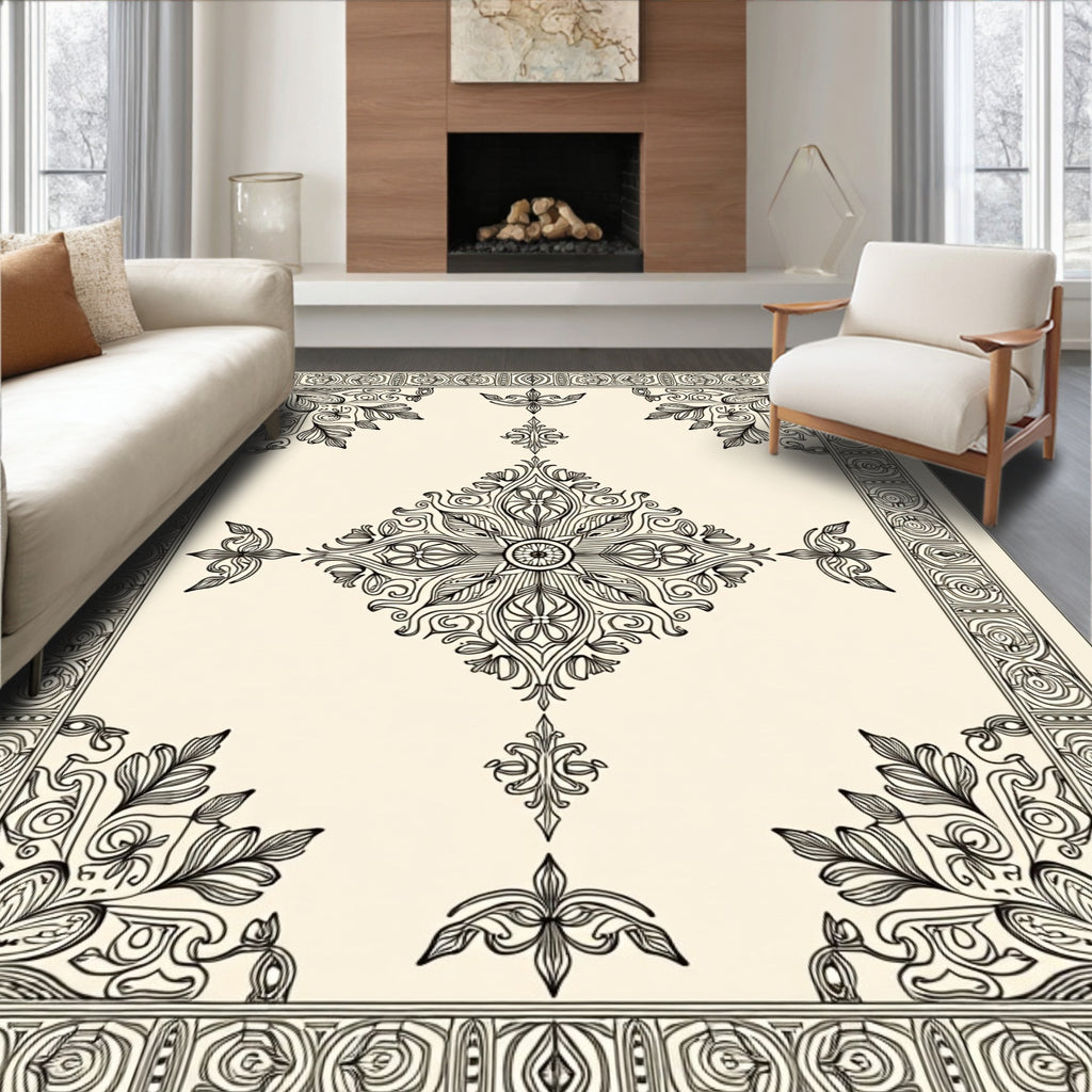 Ornate Vintage Black Cream Medallion Border Rug