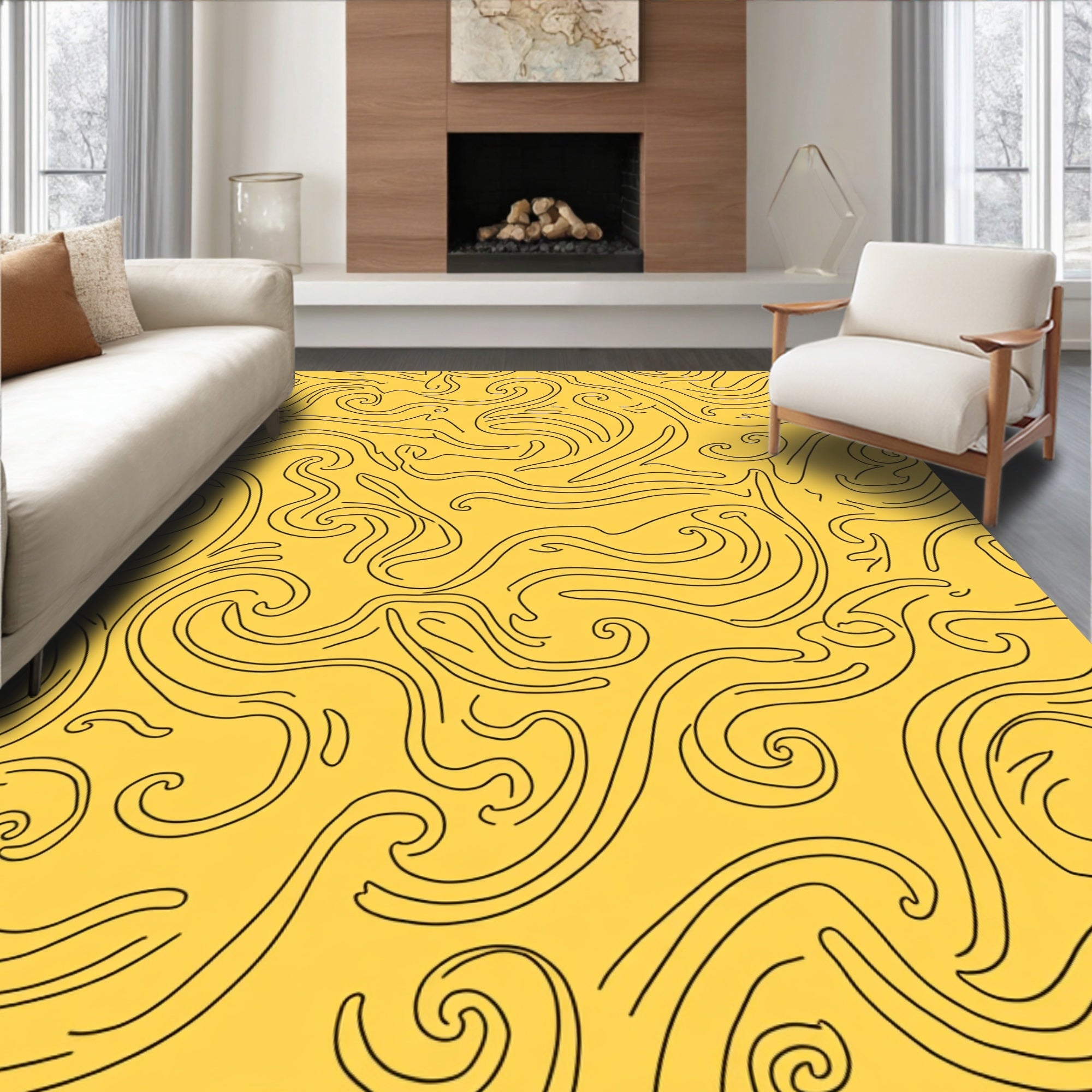 Yellow Swirl Abstract Line Art Rug
