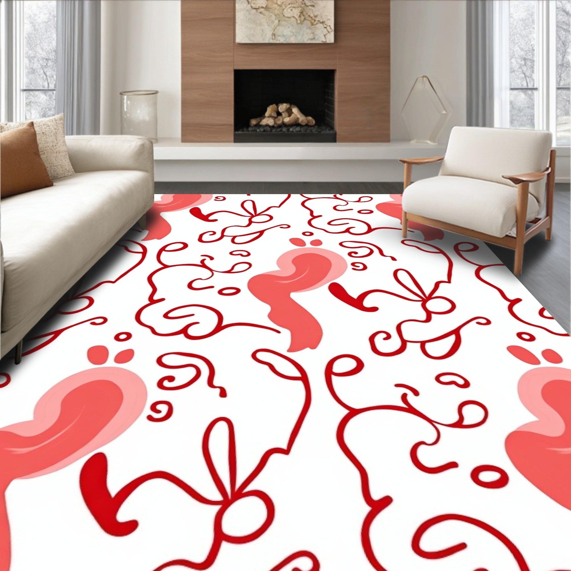 Crimson Calligraphy Swirls and Dots Rug