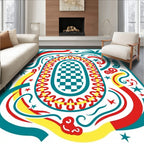 Tropical Checkerboard Oval Red Teal Rug